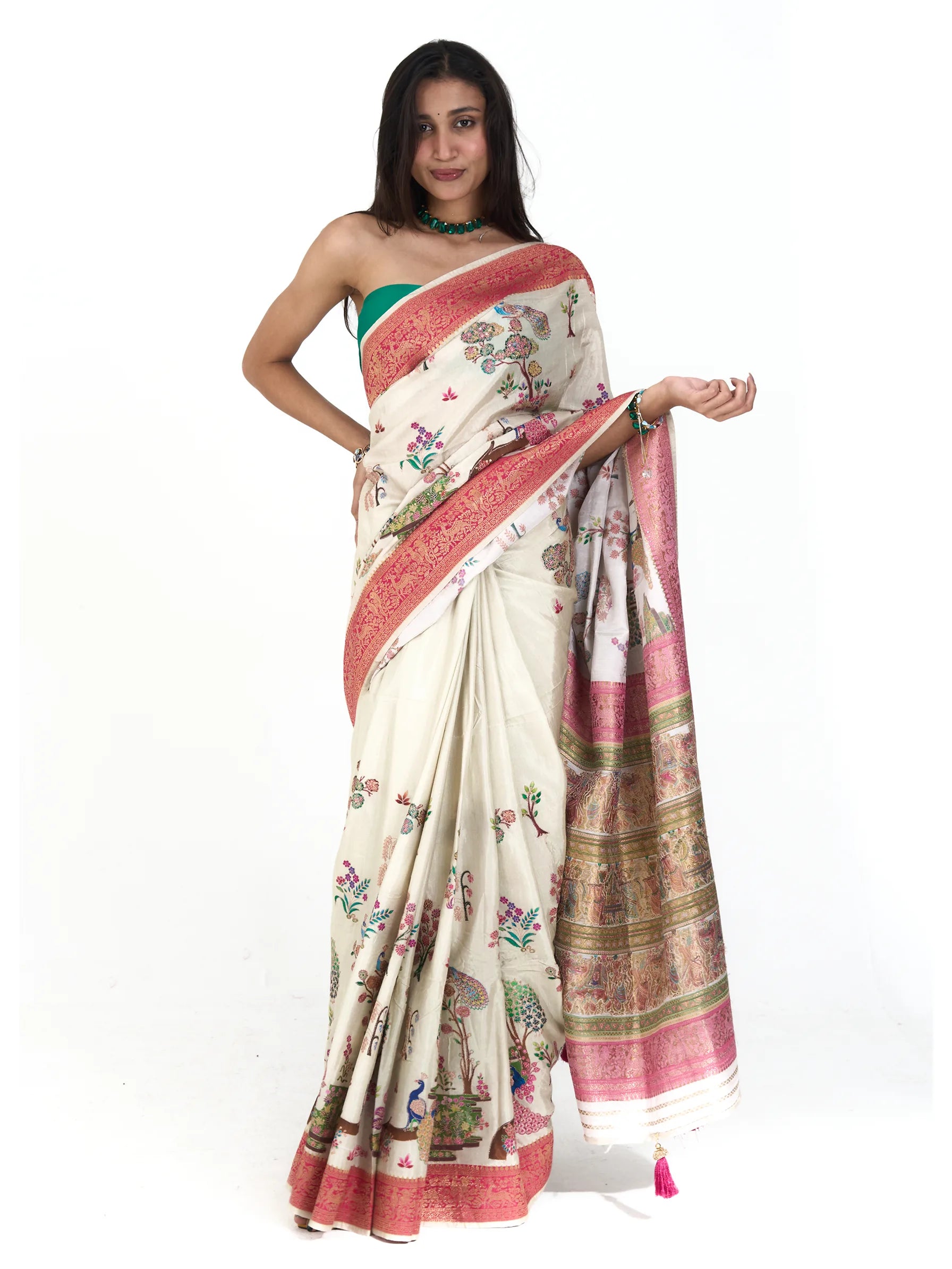 Ivory Kalamkari Silk Saree | Eri Silk Embroidered Saree | Floral Peacock Print Saree | Indian Wedding Saree