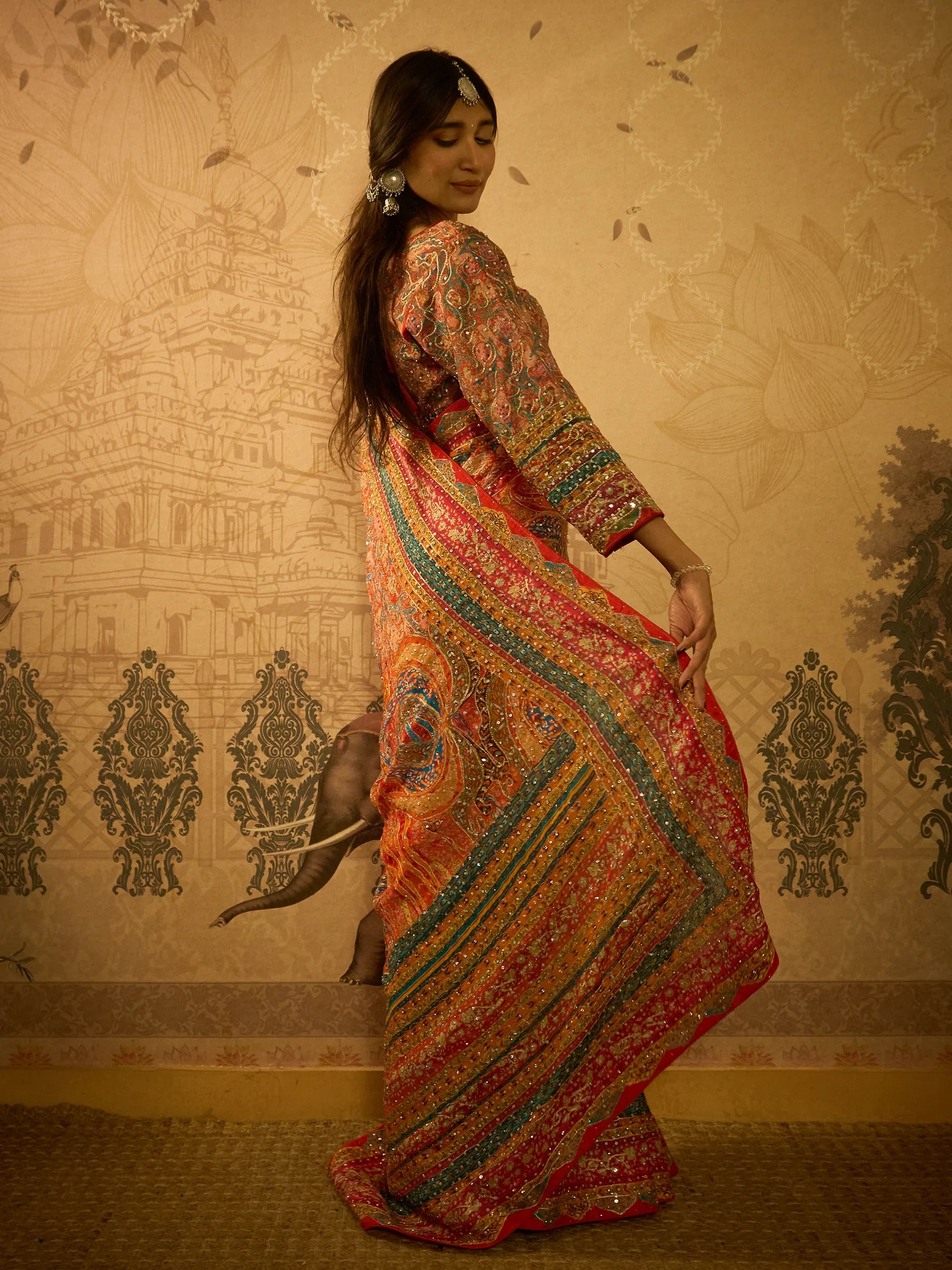 Multicolour Lotus Crepe Designer Saree | Jamawar Saree | Handcrafted Indian Bridal Saree