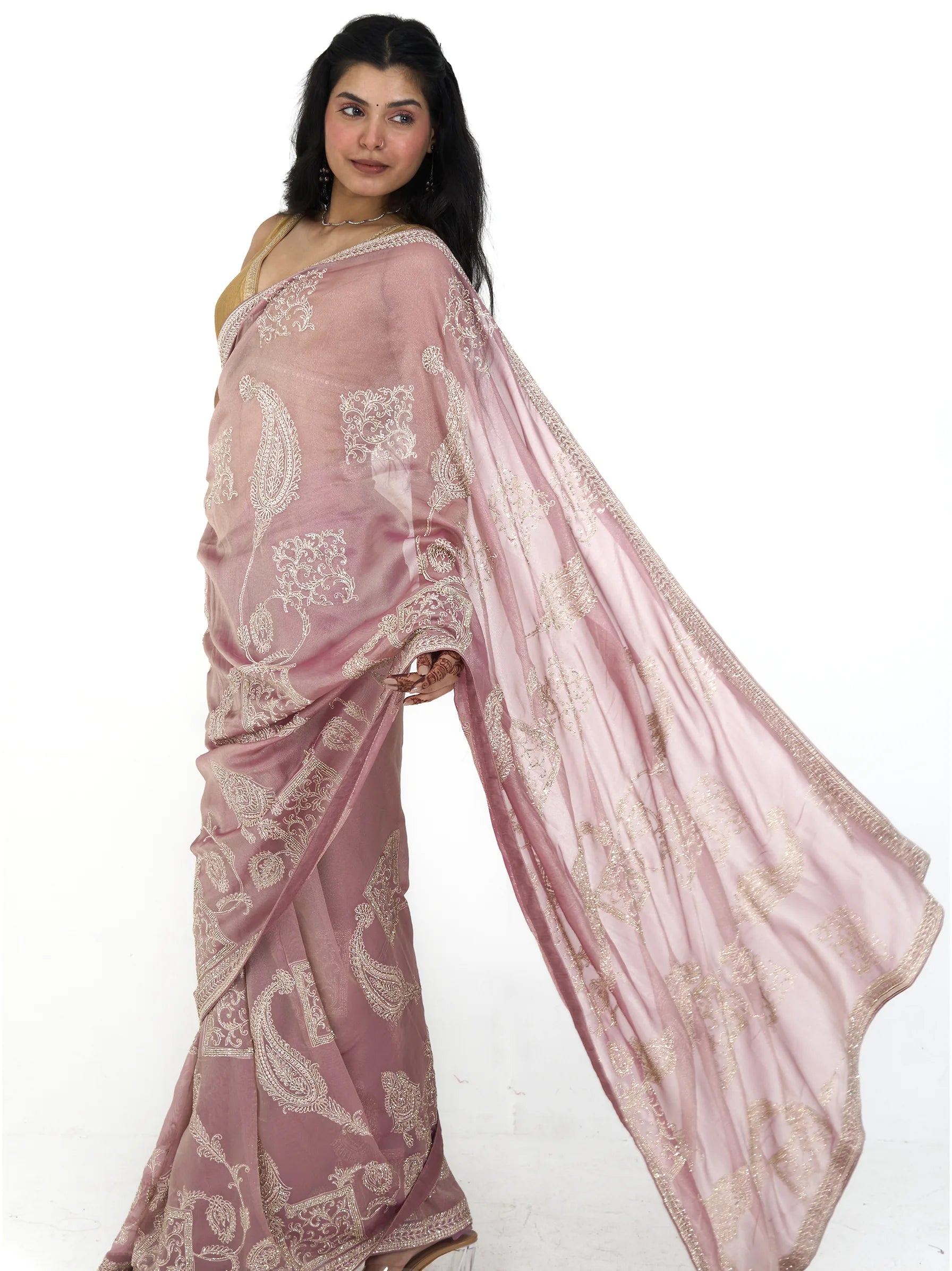 Pink Tissue Silk Saree | Zardozi Embroidered Phulkari Saree