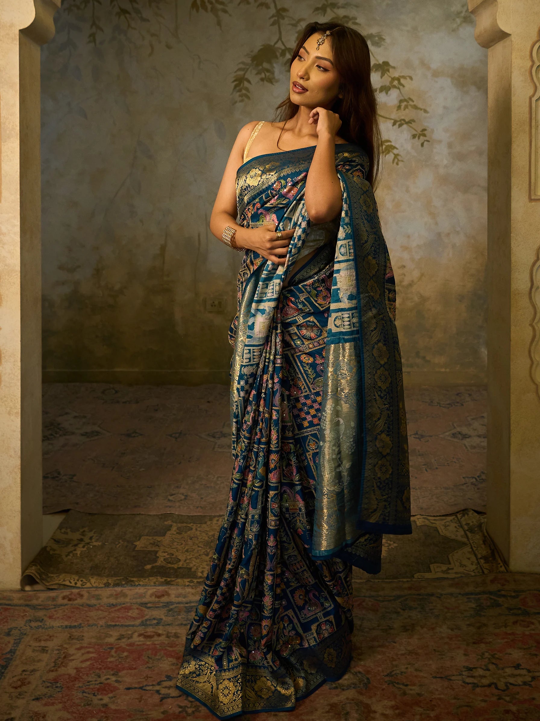 Blue Muga Silk Fusion Saree | Peacock Print Saree | Wedding Saree