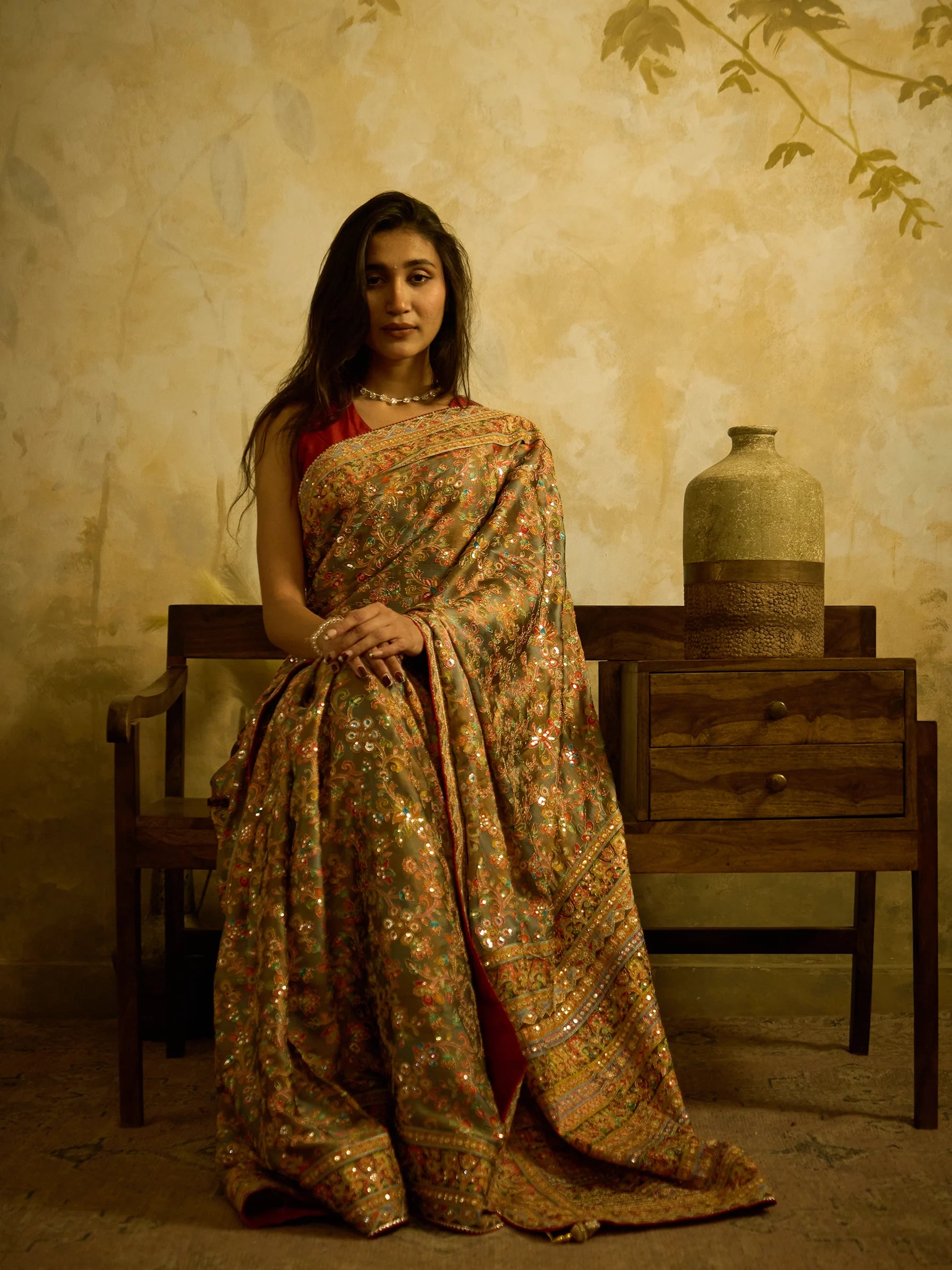 Green Lotus Silk Fusion Saree | Jamawar Print Saree | Designer floral Saree