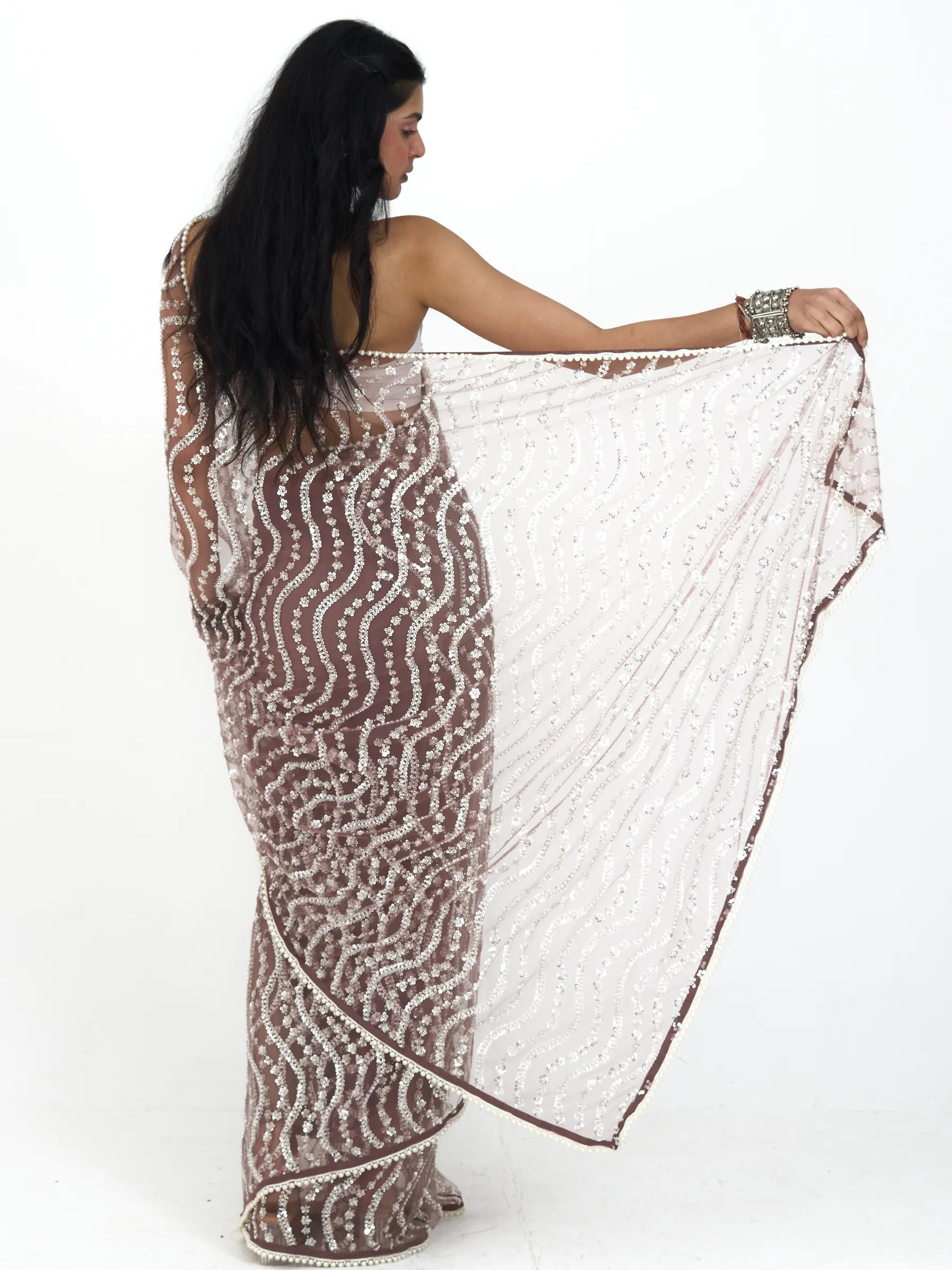 Pink Leheriya Net Saree | Sequin Embroidered Bamboo Net Saree | Striped Wave Saree