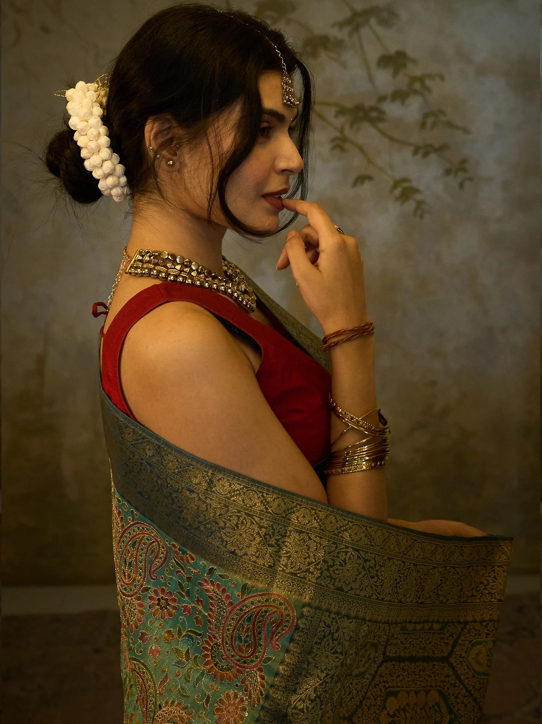 Blue Bamboo Tissue Fusion Saree | Jamawar Print Saree | Handloom Indian Saree