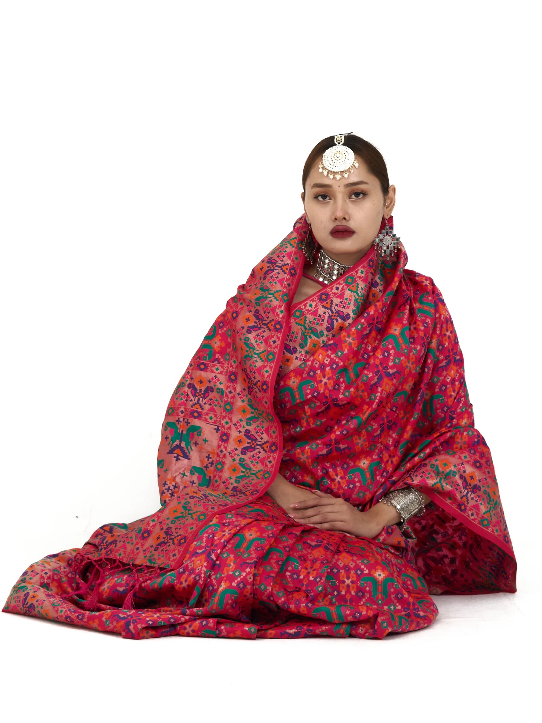 Hot Pink Patola Silk Saree | Kashmiri Ikat Print Saree | Block Print Silk Saree