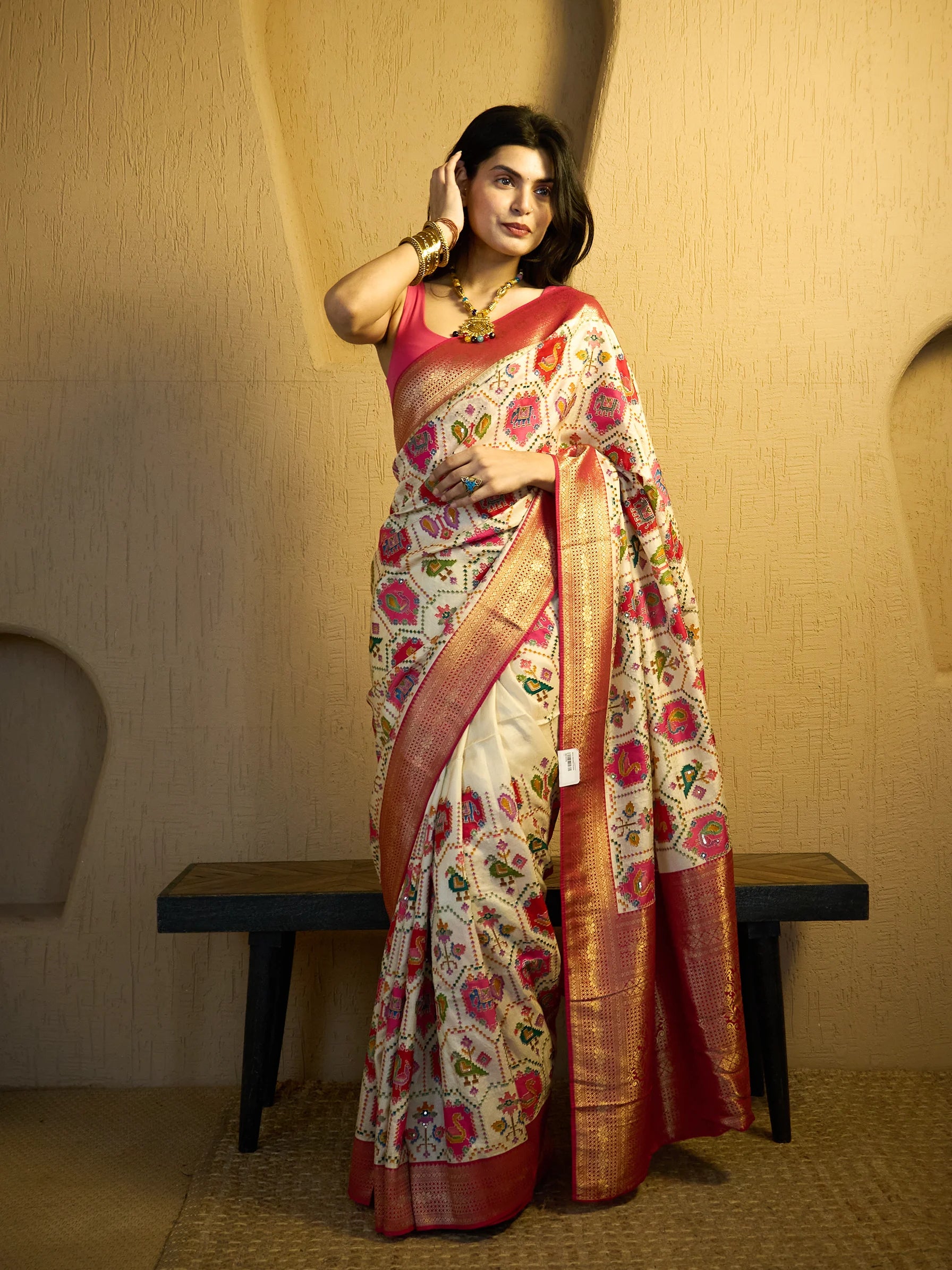 Ivory Muga Silk Patola Saree | Ikat Pattern Saree | Wedding Saree