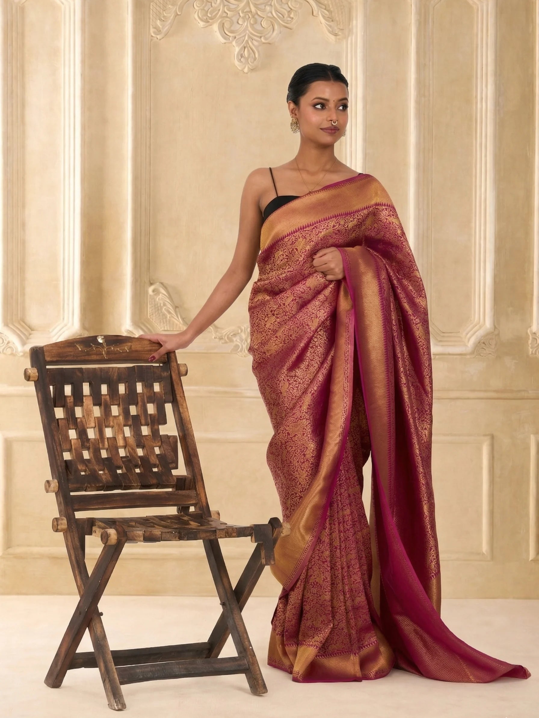 Wine Gold Banarasi Silk Saree | Bridal Banarasi Saree