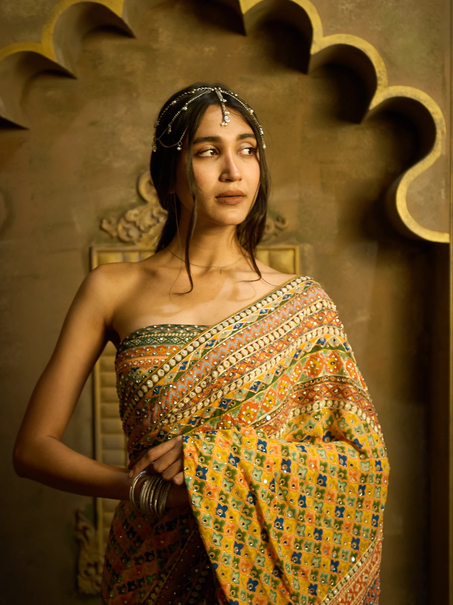 Yellow Lotus Crepe Fusion Saree | Ajrakh Mirror Work saree | Handcrafted Indian Saree