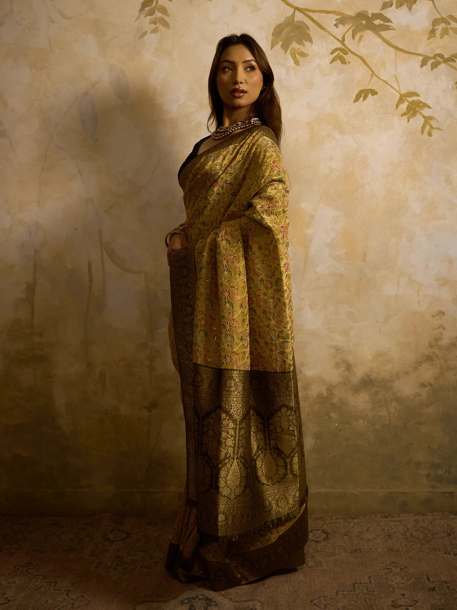 Green Bamboo Tissue Fusion Saree | Phulkari Print | Handcrafted Indian Wedding Saree