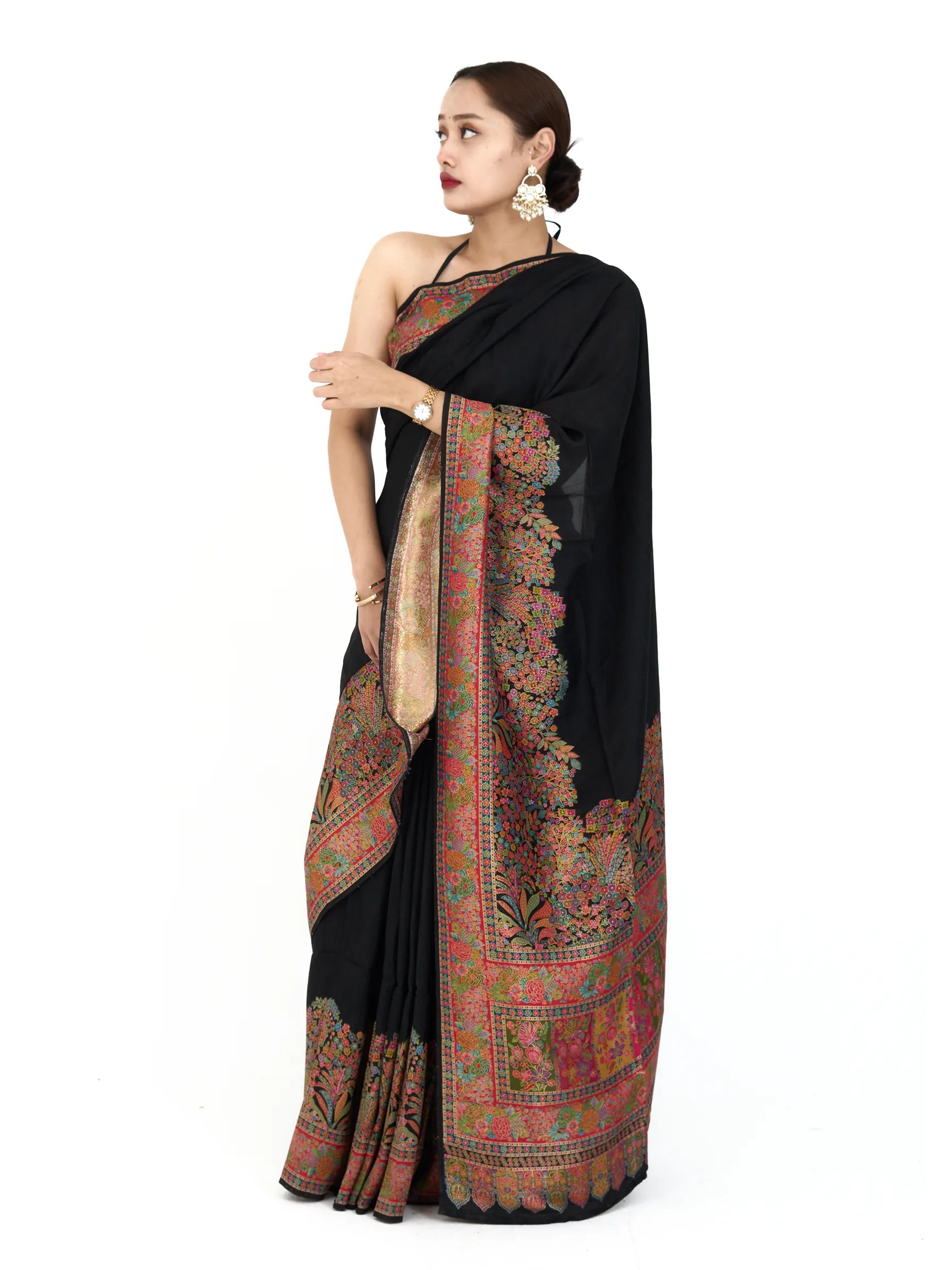 Black Pure Eri Silk Saree | Kashmiri Handloom Aari Embroidery Saree