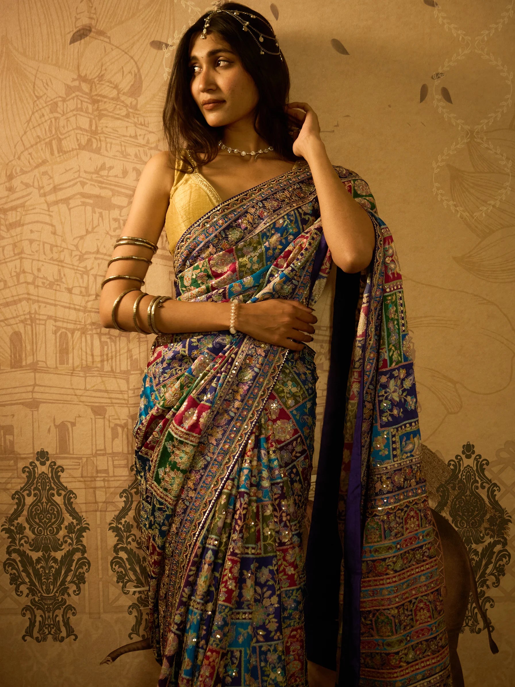 Multicolour Lotus Silk Designer Saree | Jamawar Saree | Handcrafted Indian Bridal Saree