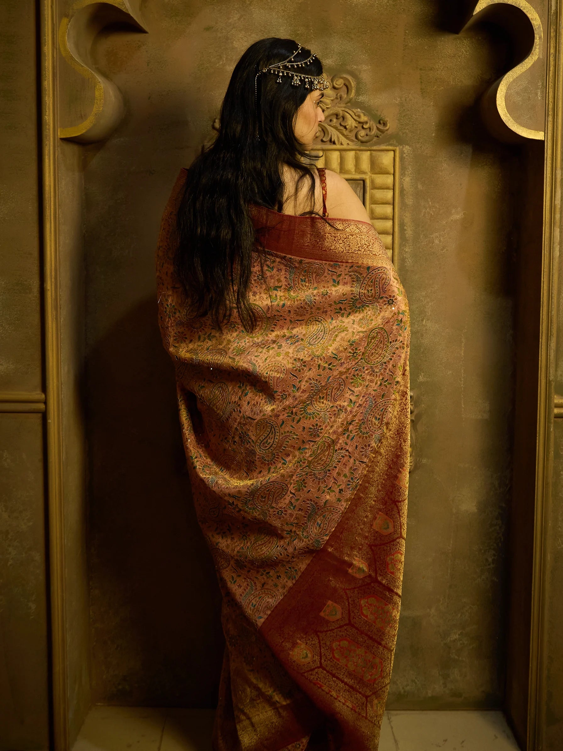 Pink Bamboo Tissue Fusion Saree | Jamawar Print Saree | Handcrafted Indian Bridal Saree