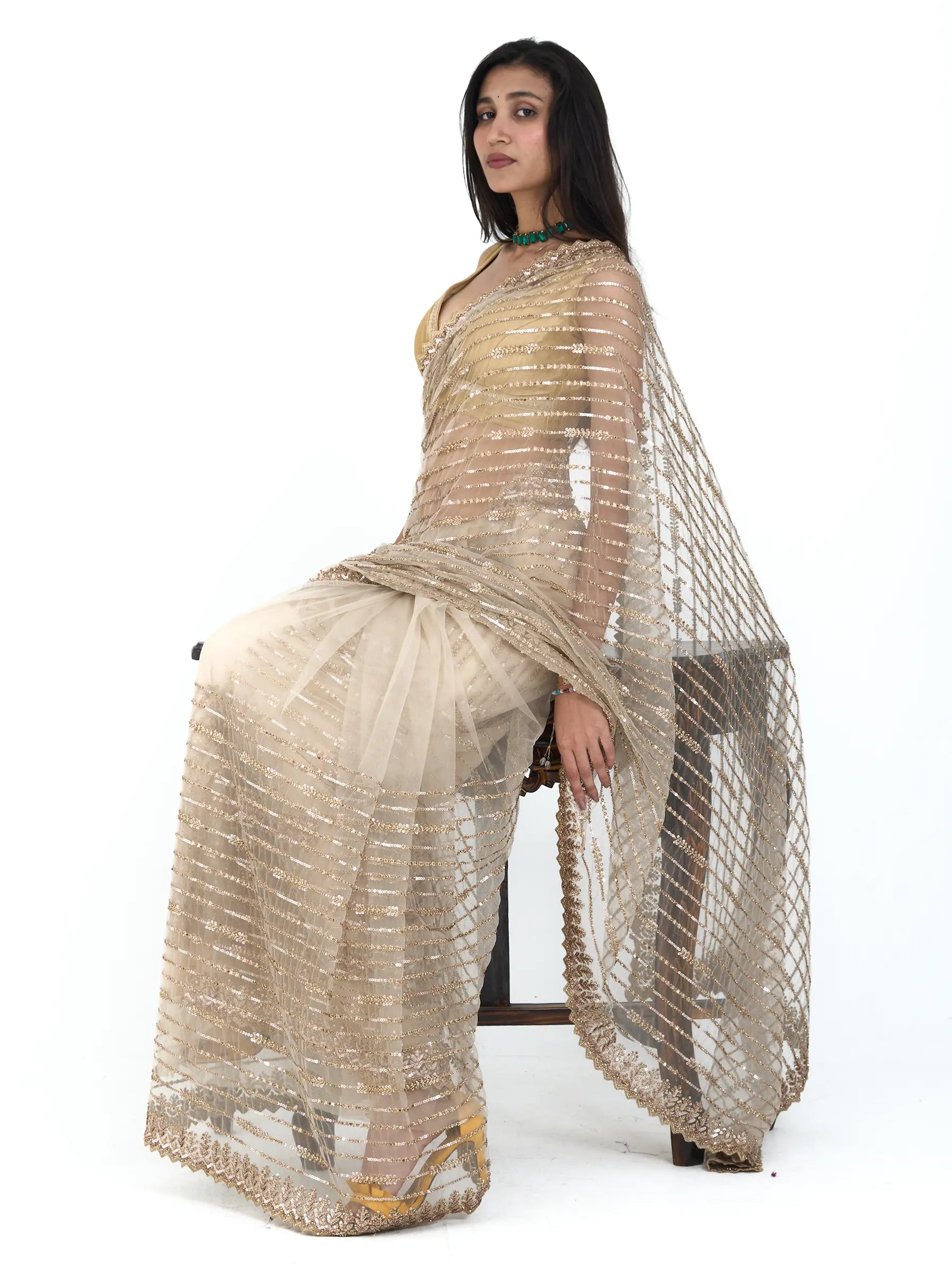Gold Bamboo Net Embroidery Saree | Leheriya Saree with Sequins & Zardozi Work
