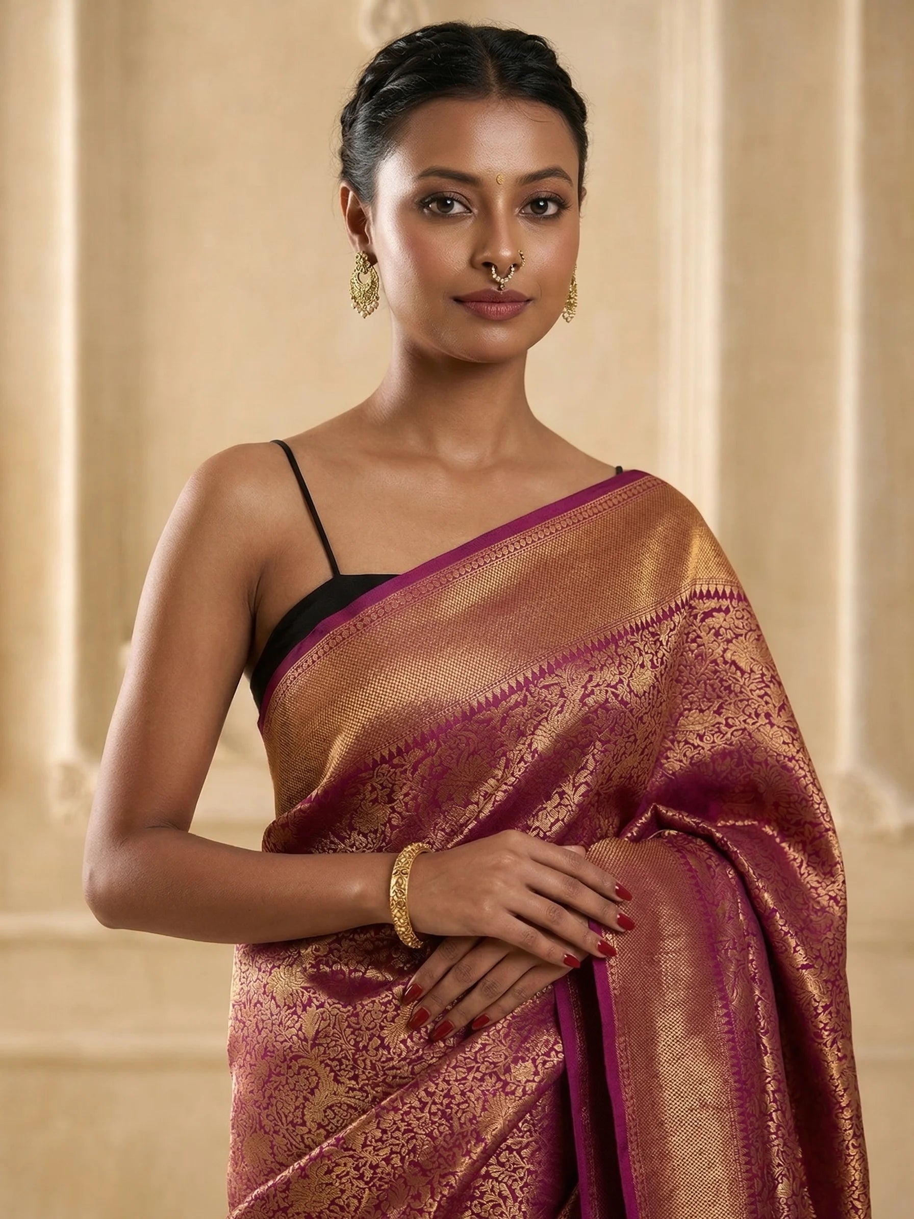 Wine Gold Banarasi Silk Saree | Bridal Banarasi Saree