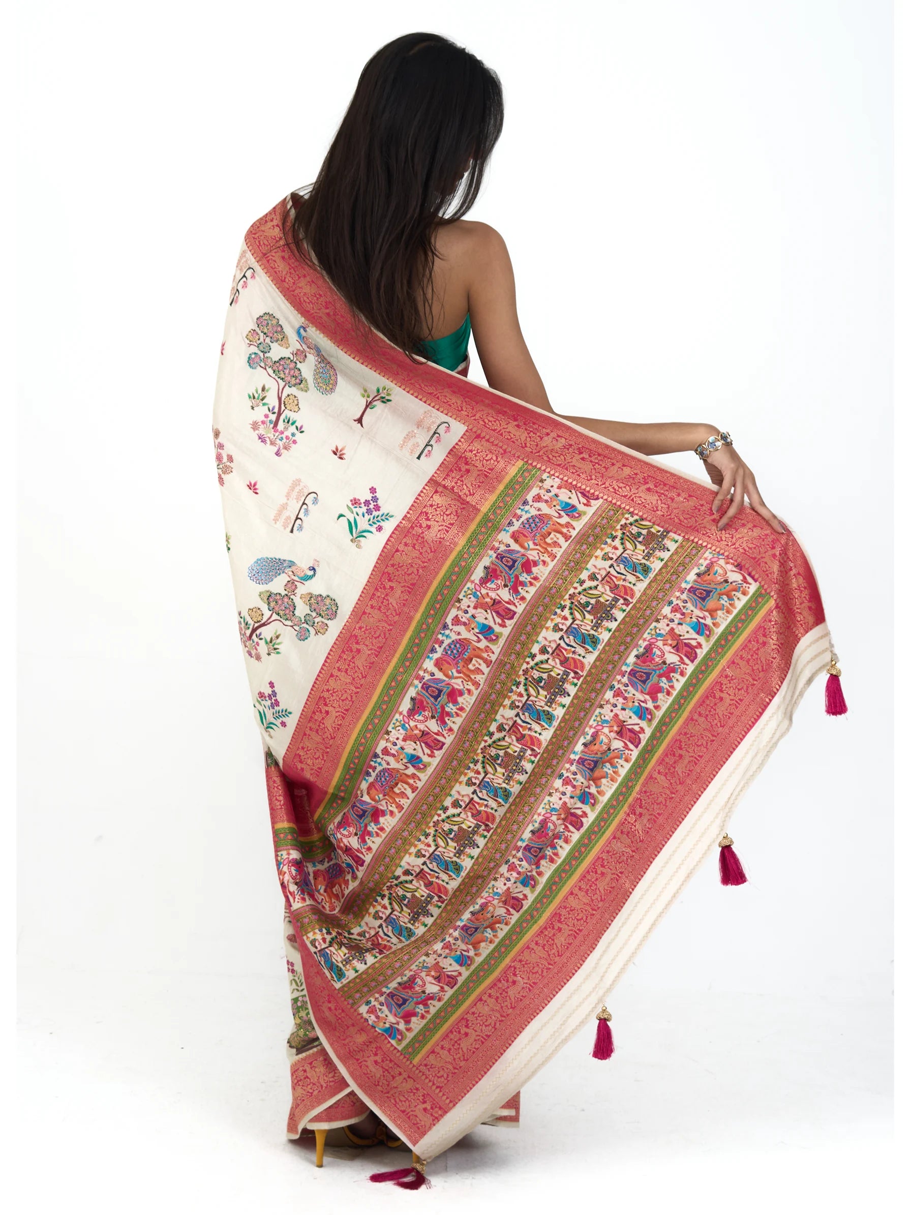 Ivory Kalamkari Silk Saree | Eri Silk Embroidered Saree | Floral Peacock Print Saree | Indian Wedding Saree