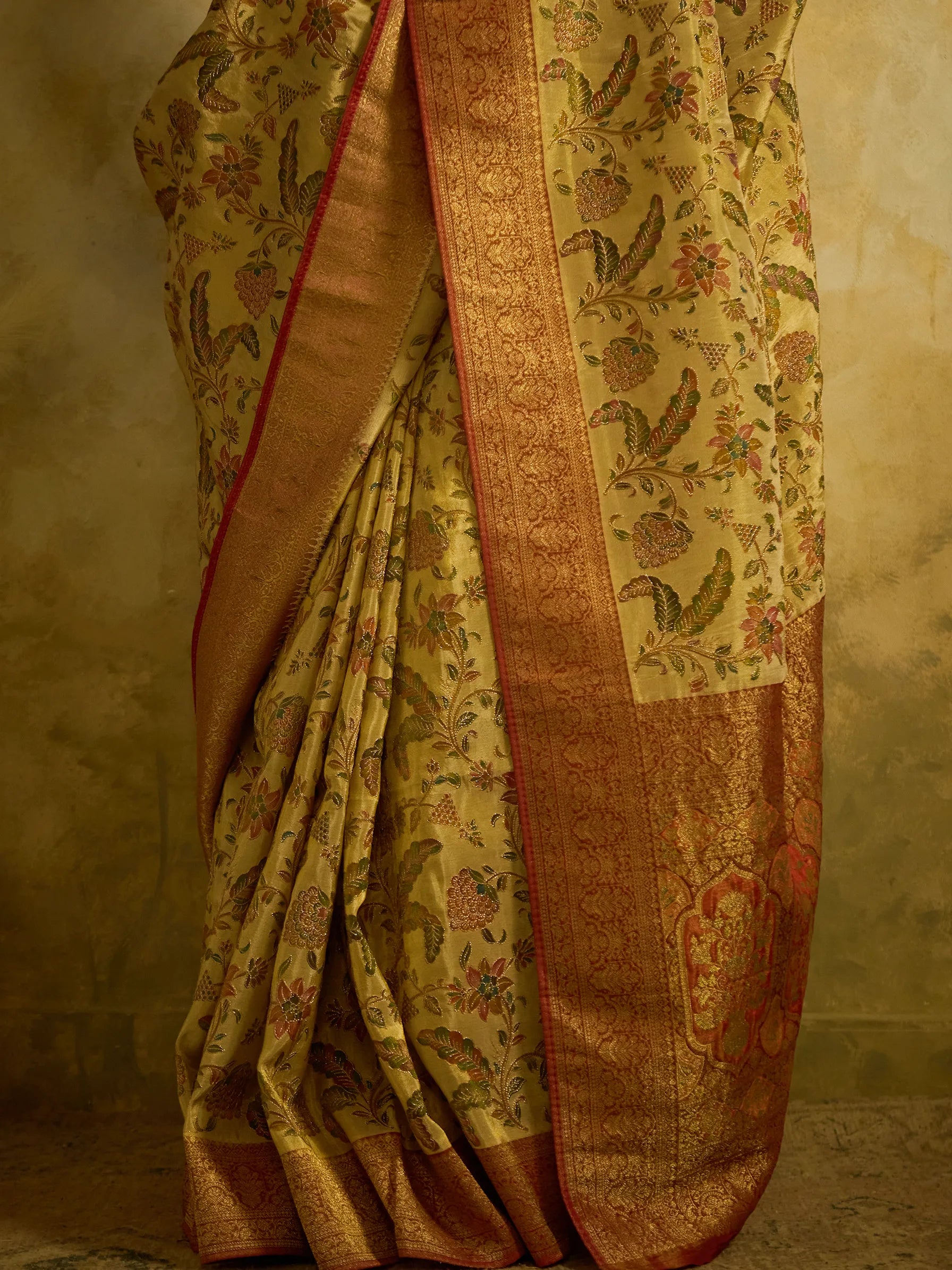 Gold Bamboo Tissue Fusion Saree | Jamawar Print Saree | Handcrafted Indian Bridal Saree
