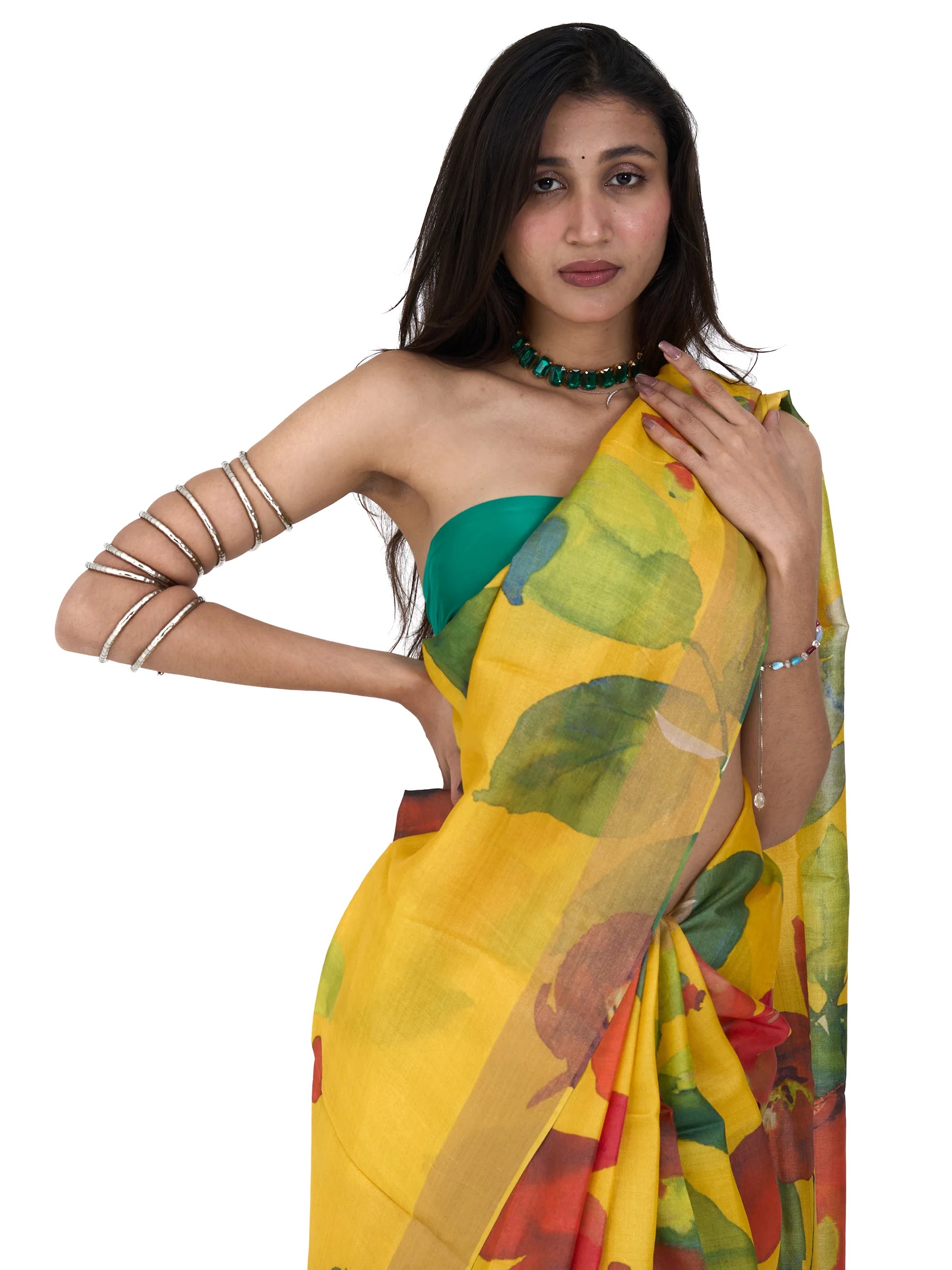Yellow Tussar Silk Saree | Floral Block Print Phulkari Saree