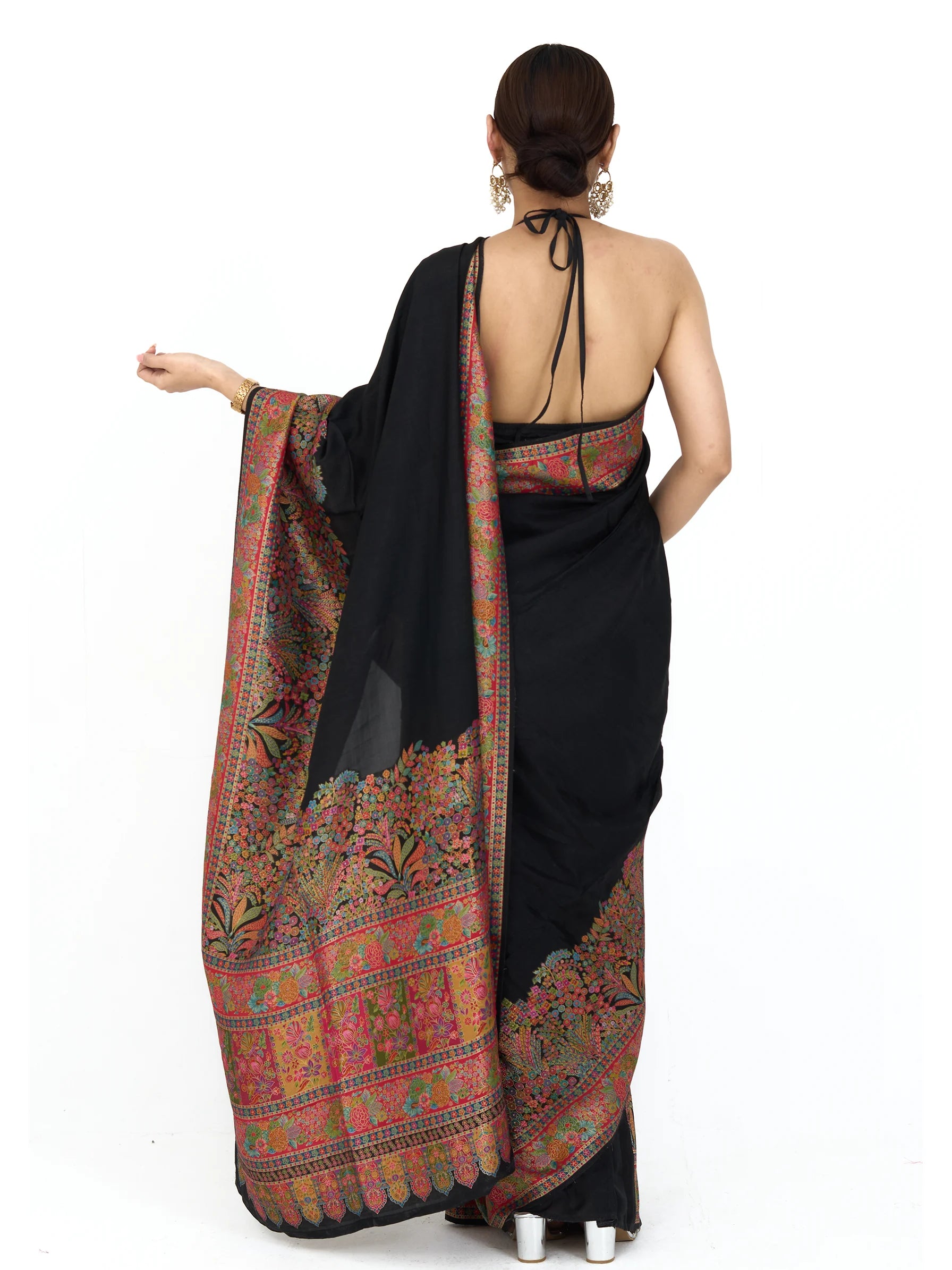 Black Pure Eri Silk Saree | Kashmiri Handloom Aari Embroidery Saree