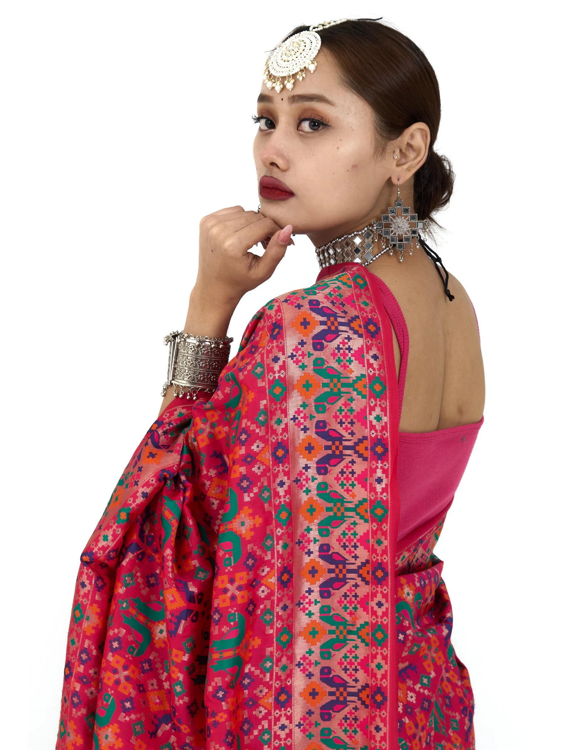 Hot Pink Patola Silk Saree | Kashmiri Ikat Print Saree | Block Print Silk Saree