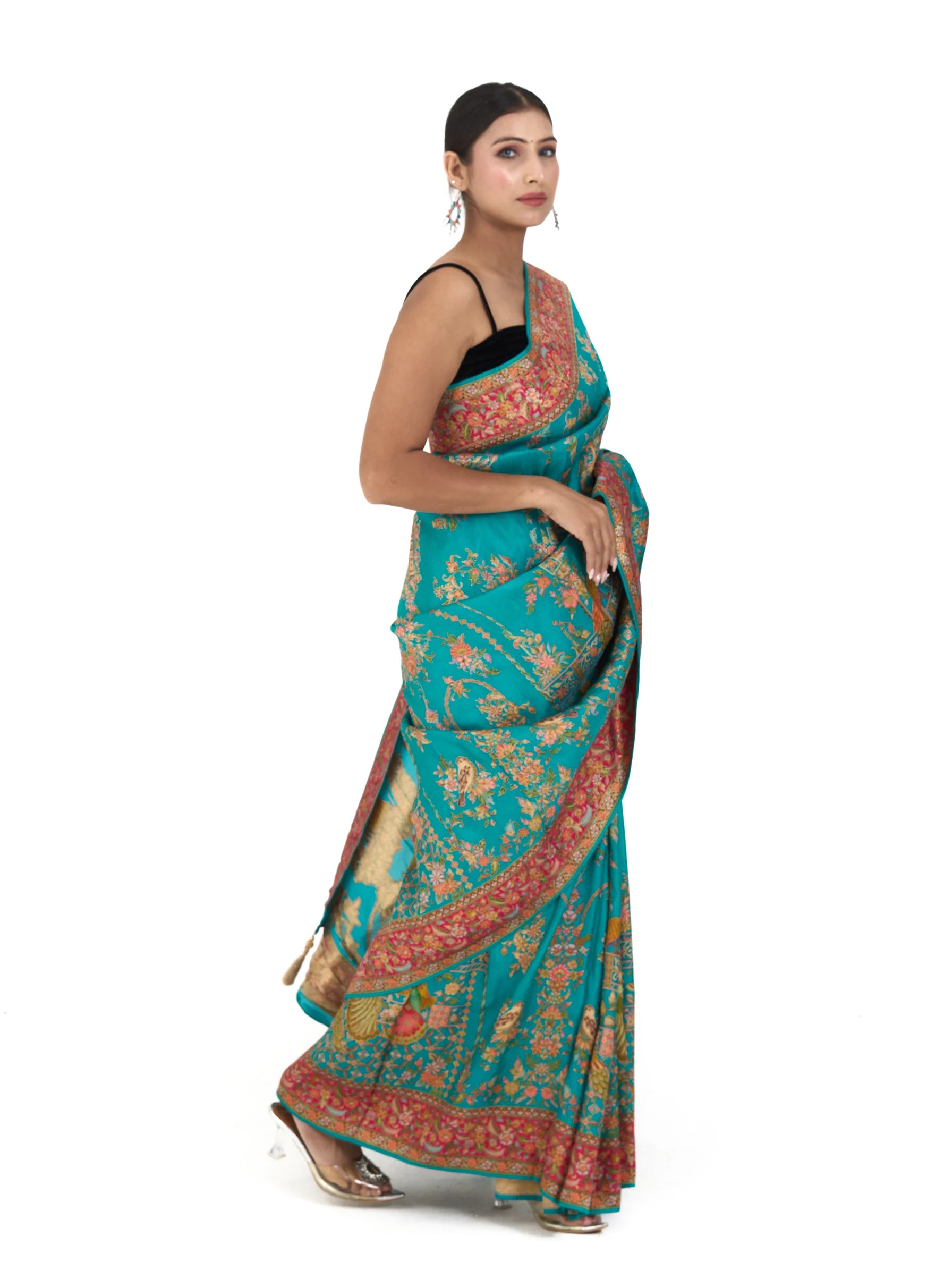 Rajwada Print Pure Eri Vegan Silk Saree | Kalamkari Zardozi Embroidered Blue Saree