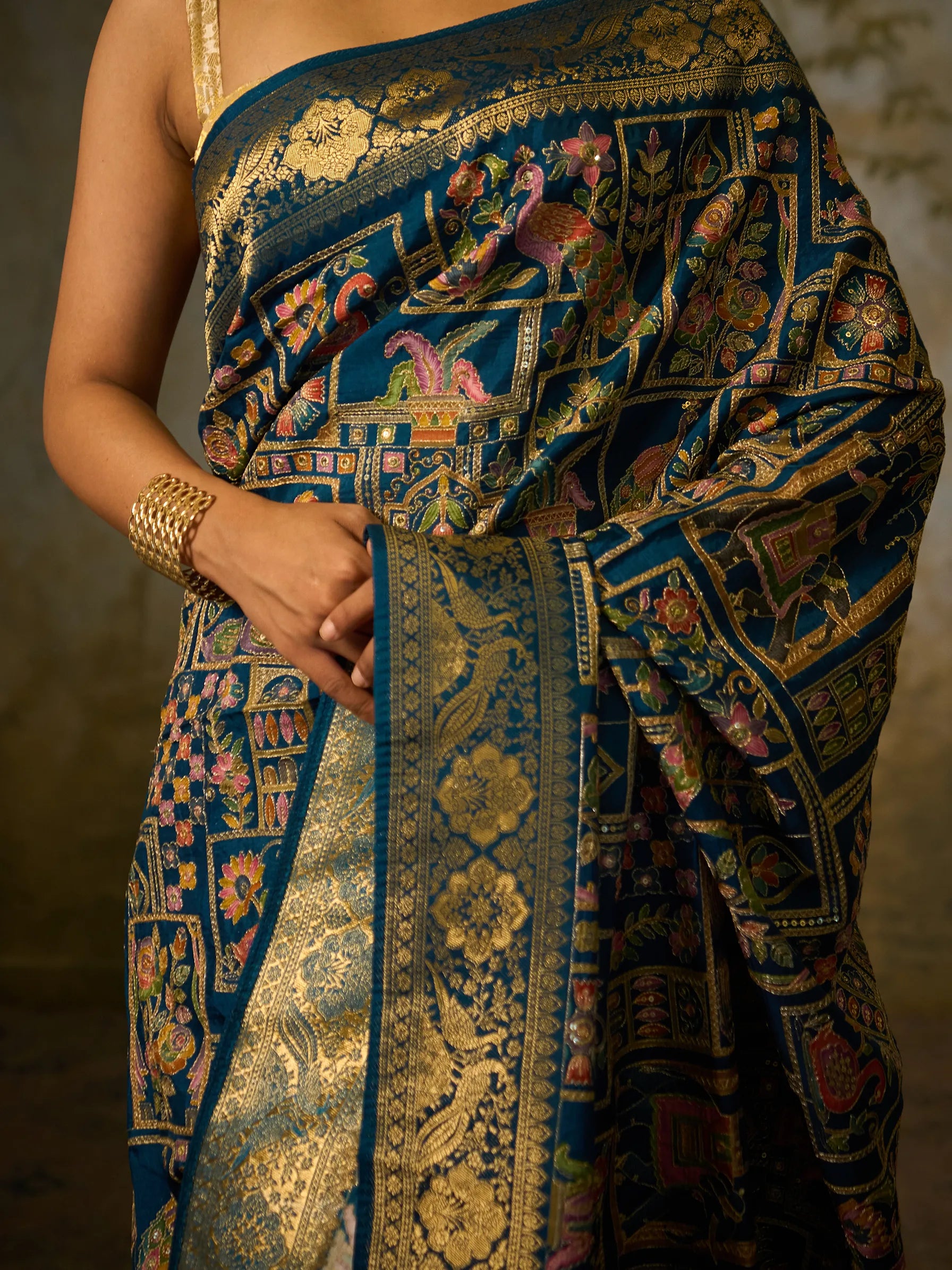 Blue Muga Silk Fusion Saree | Peacock Print Saree | Wedding Saree