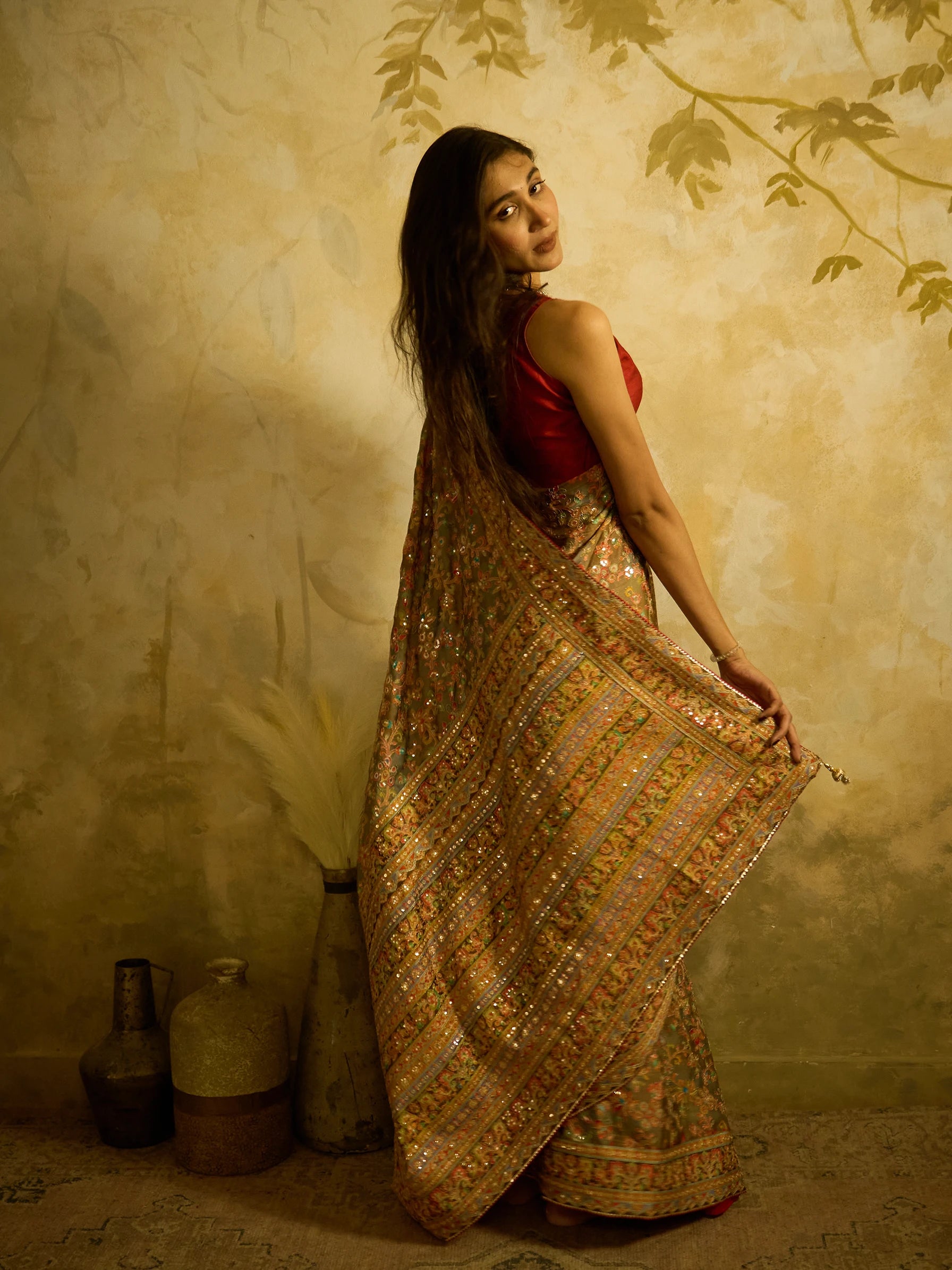 Green Lotus Silk Fusion Saree | Jamawar Print Saree | Designer floral Saree