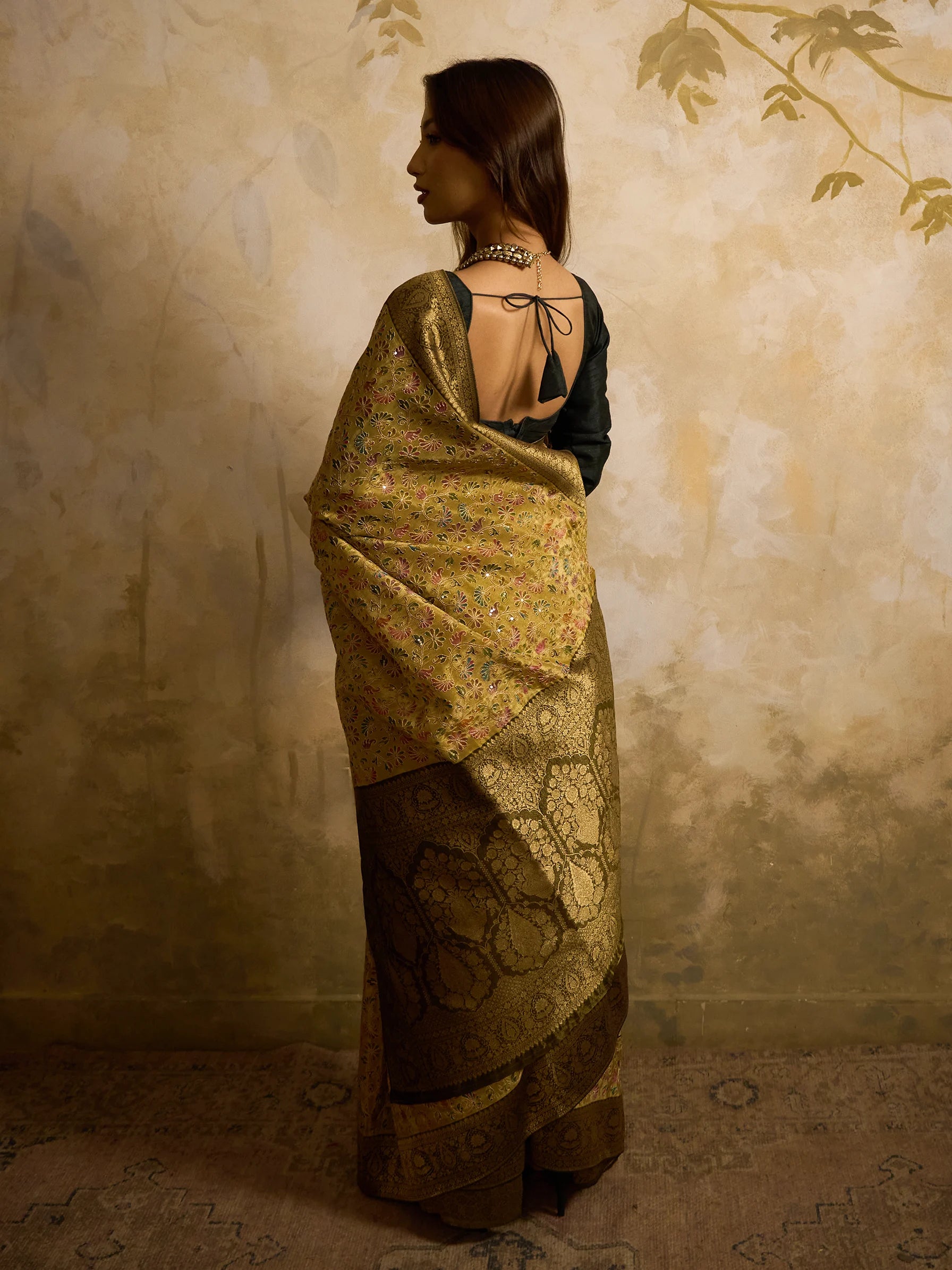 Green Bamboo Tissue Fusion Saree | Phulkari Print | Handcrafted Indian Wedding Saree