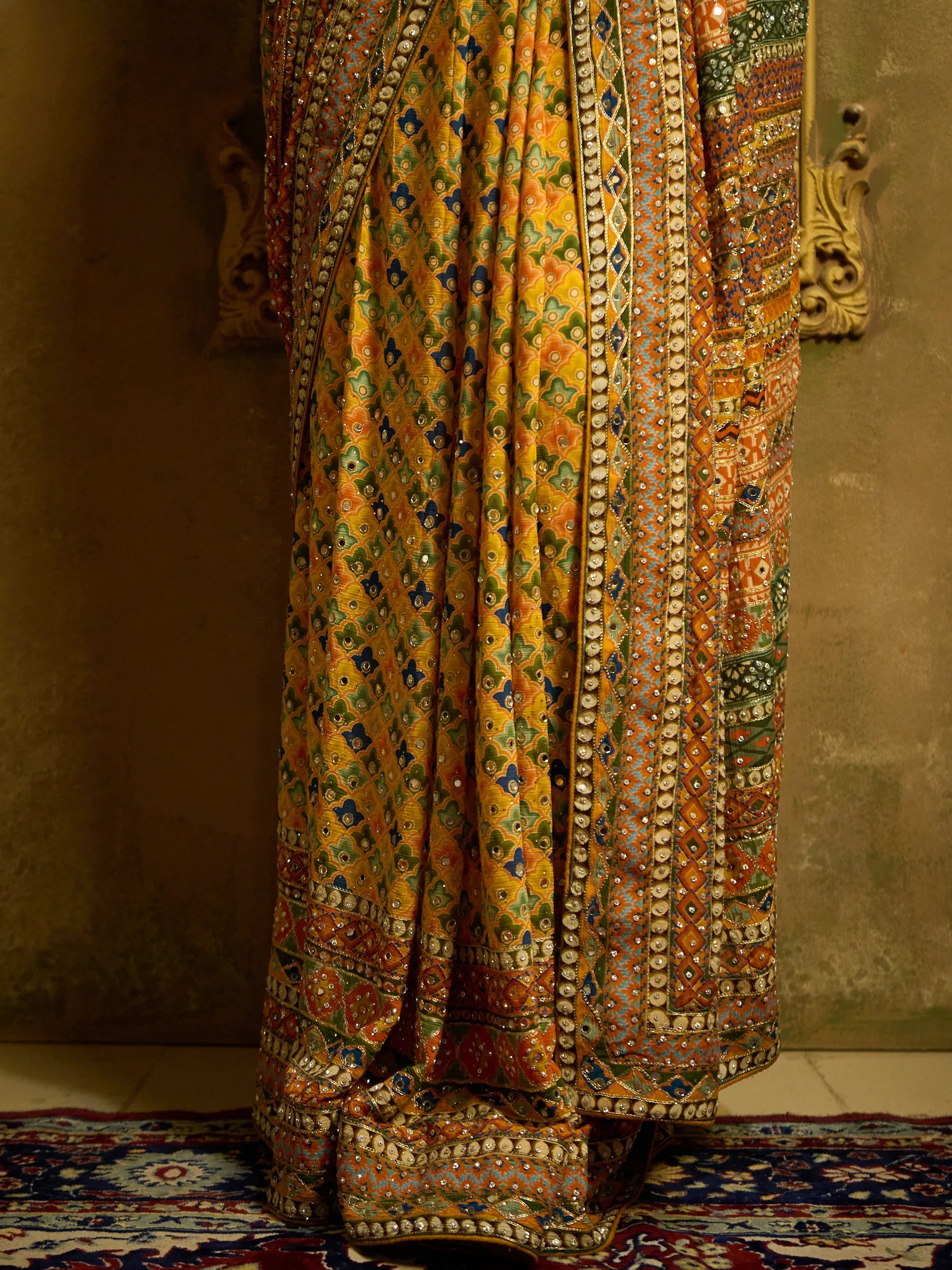 Yellow Lotus Crepe Fusion Saree | Ajrakh Mirror Work saree | Handcrafted Indian Saree