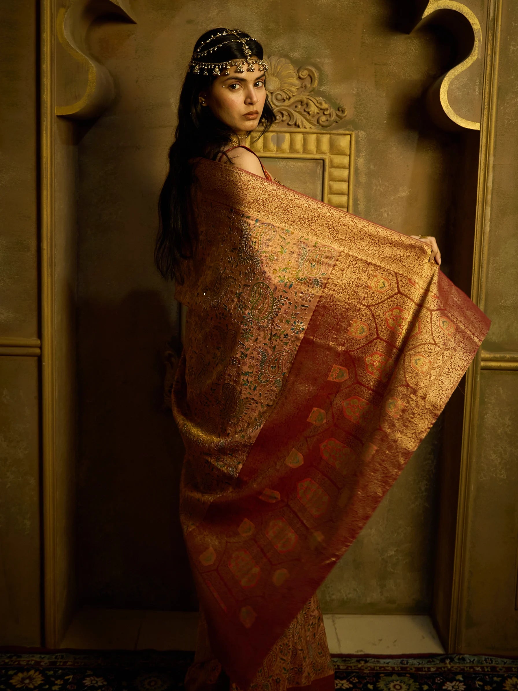 Pink Bamboo Tissue Fusion Saree | Jamawar Print Saree | Handcrafted Indian Bridal Saree