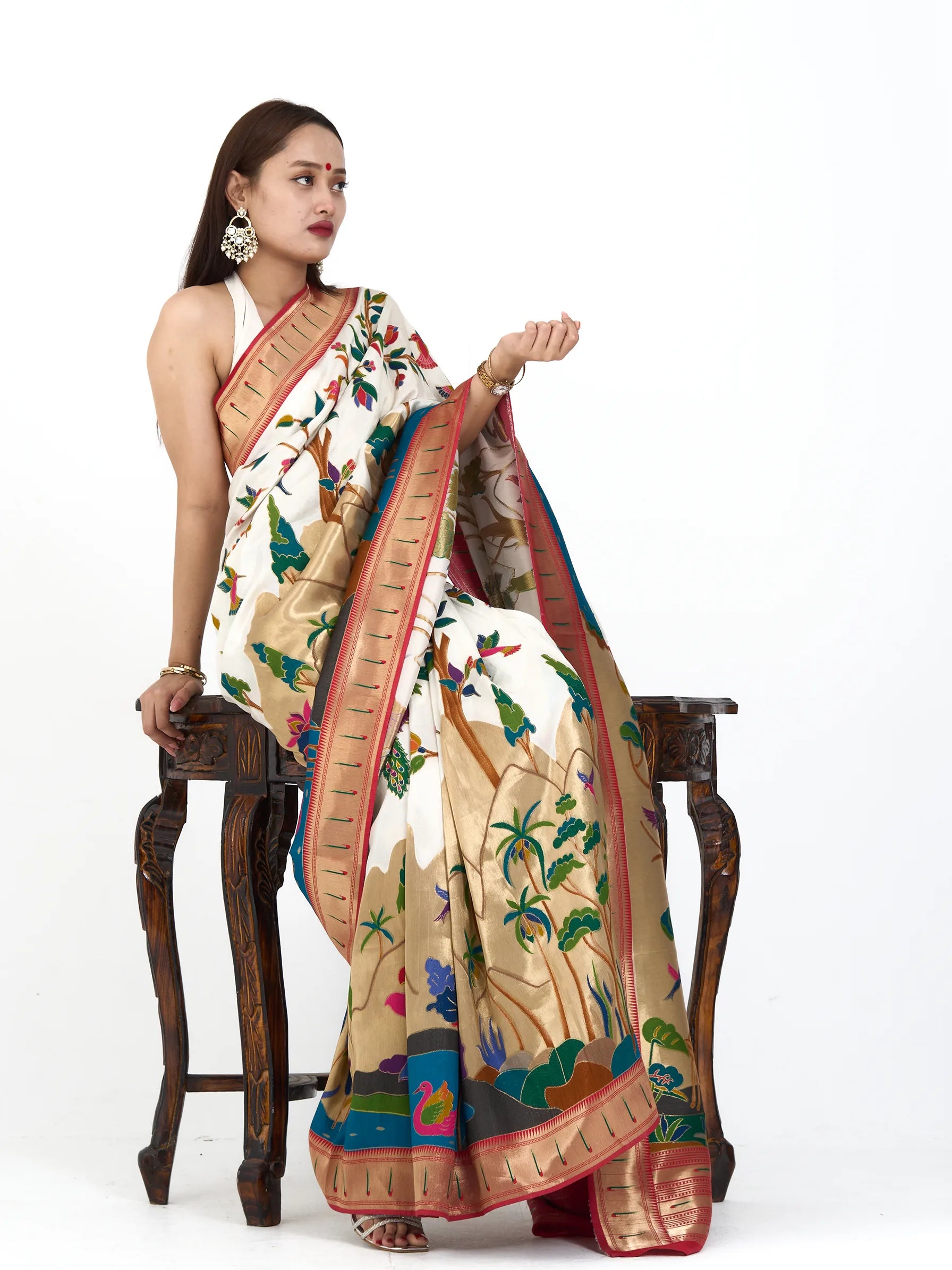 Ivory Cream Eri Silk Paithani Saree | Madhubani Print Zardozi Embroidered Saree