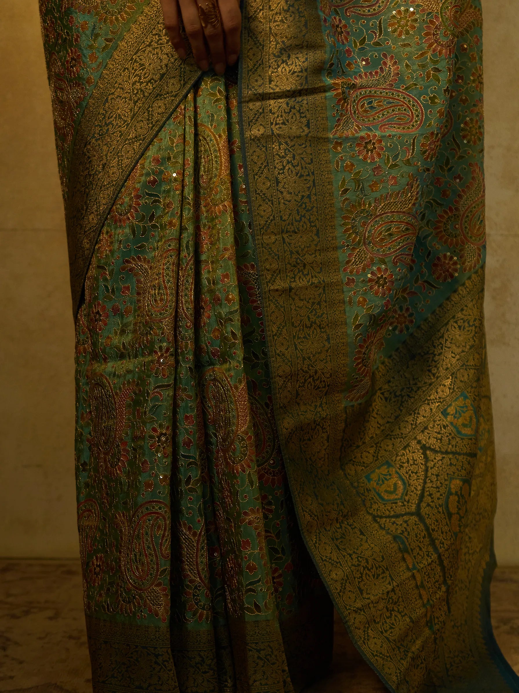 Blue Bamboo Tissue Fusion Saree | Jamawar Print Saree | Handloom Indian Saree