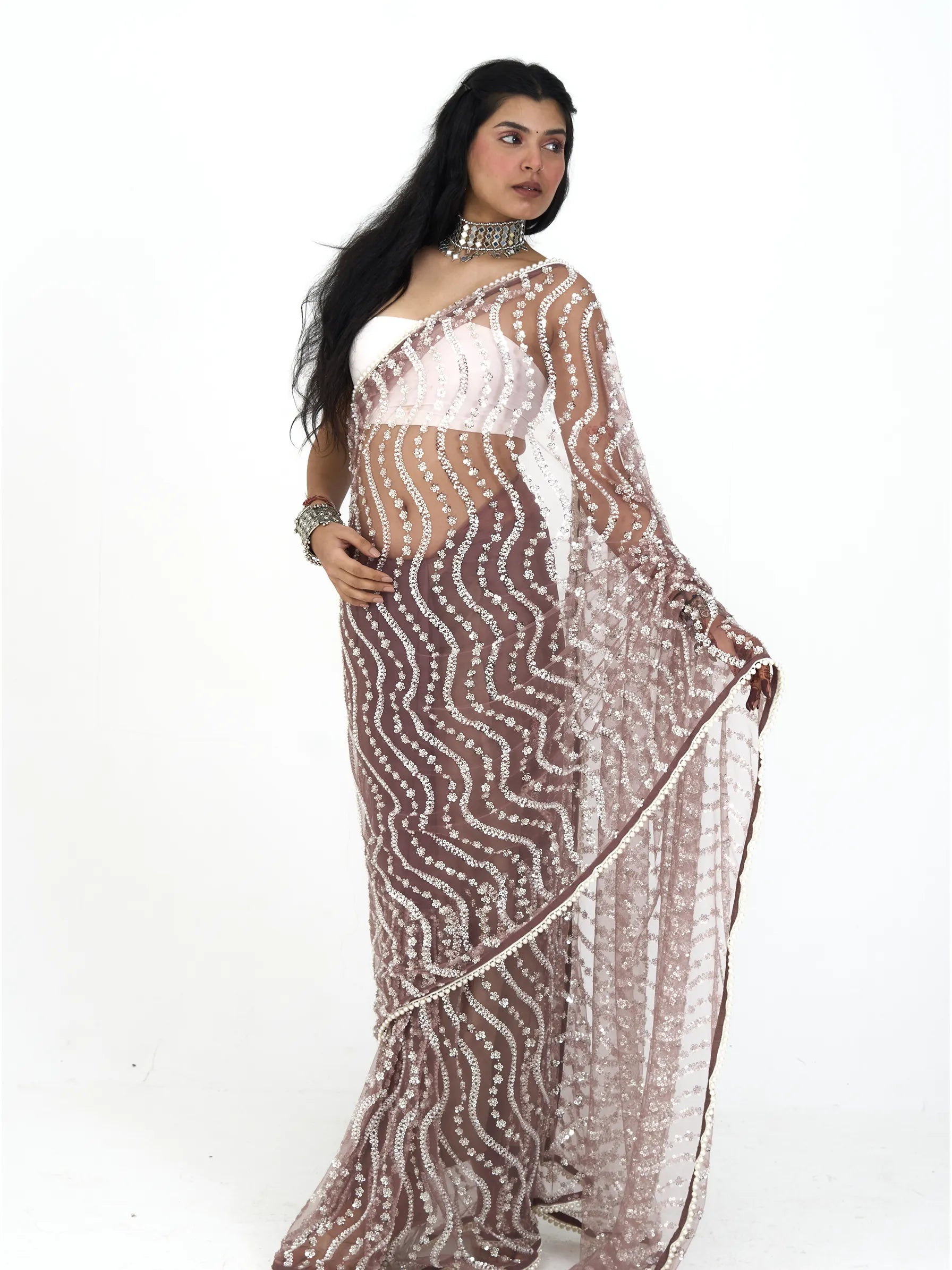 Pink Leheriya Net Saree | Sequin Embroidered Bamboo Net Saree | Striped Wave Saree