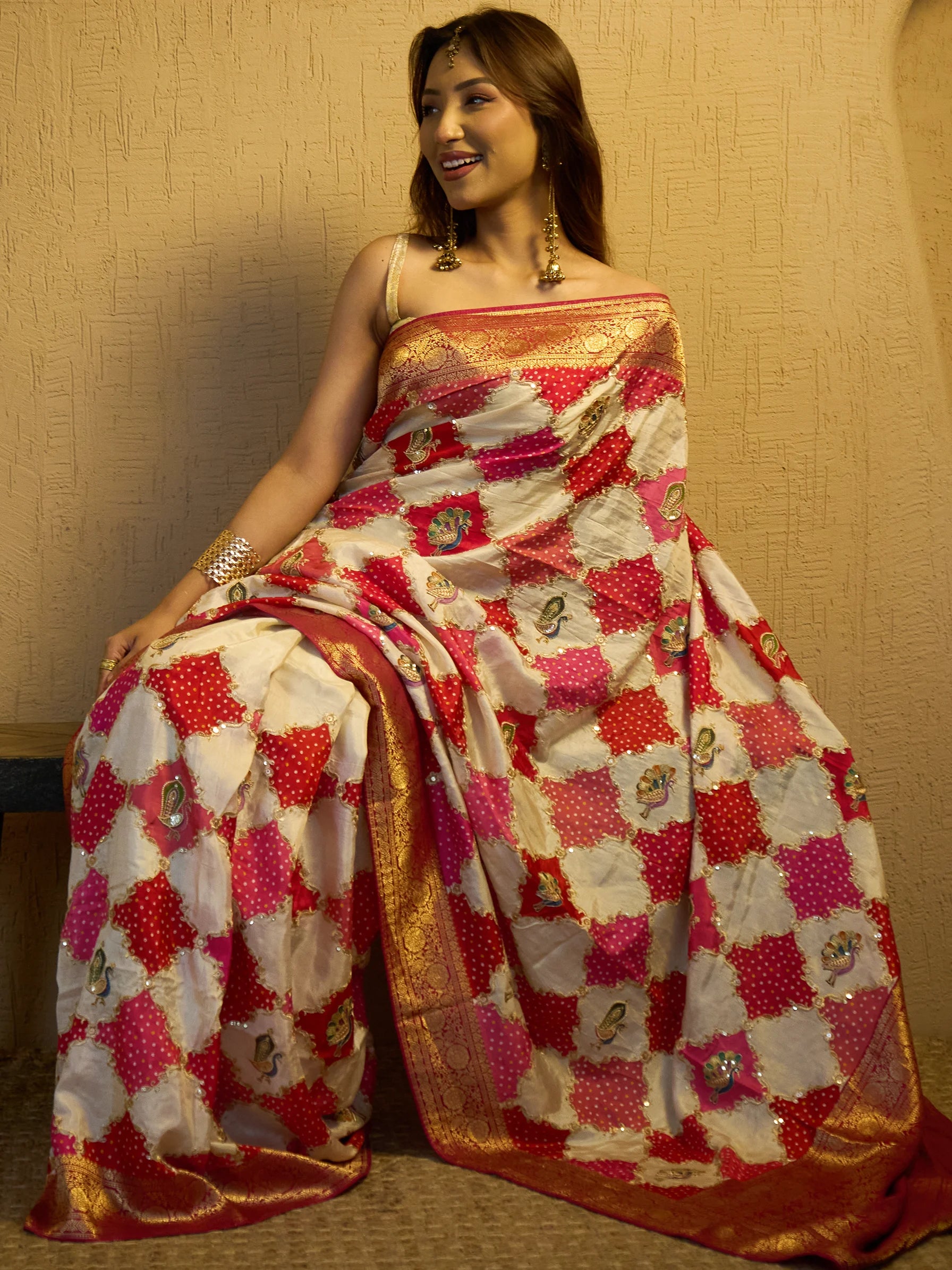 Rajwada Bandhani Saree | Pink Muga Silk Saree  | Wedding Saree
