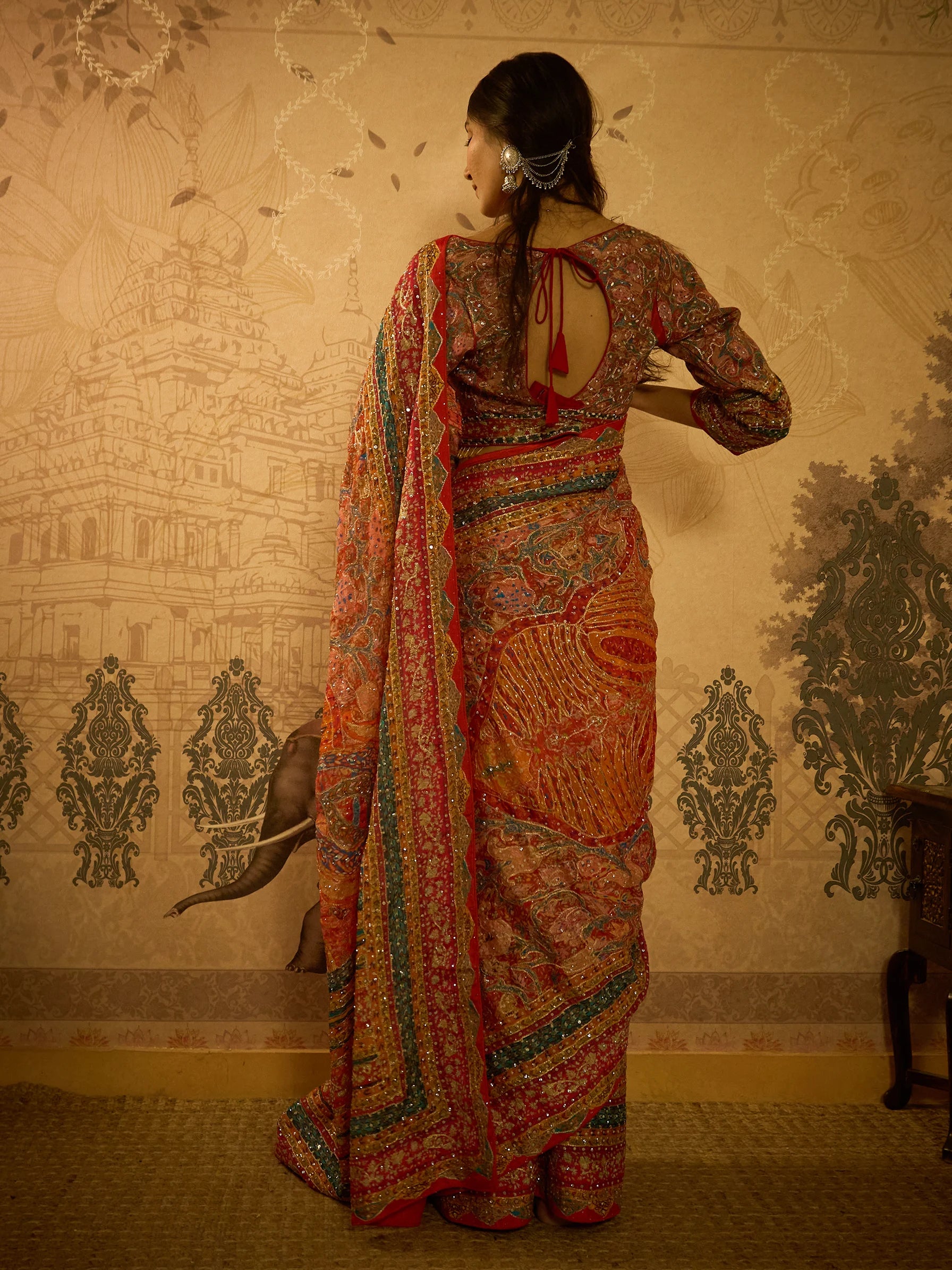 Multicolour Lotus Crepe Designer Saree | Jamawar Saree | Handcrafted Indian Bridal Saree