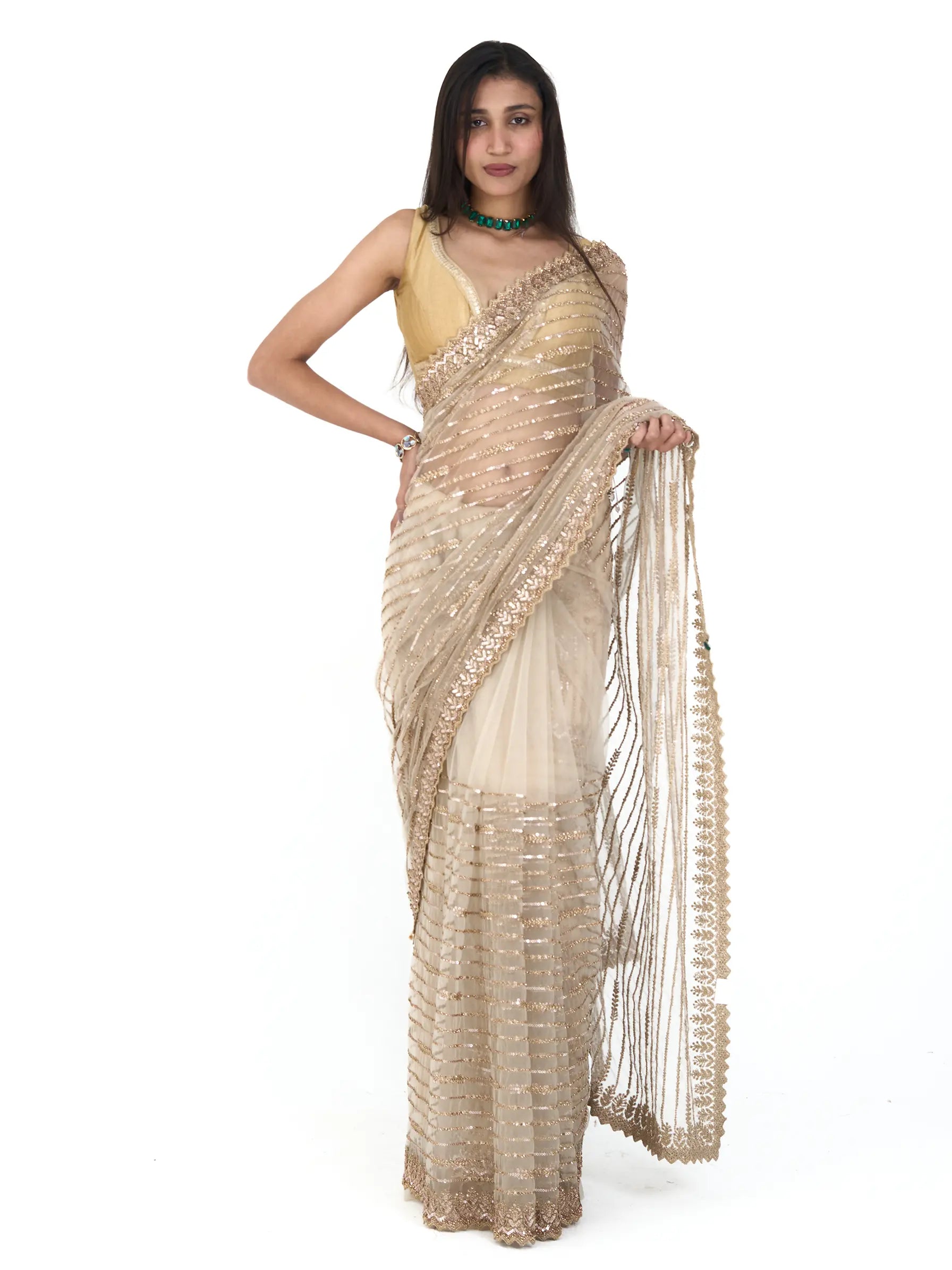 Gold Bamboo Net Embroidery Saree | Leheriya Saree with Sequins & Zardozi Work