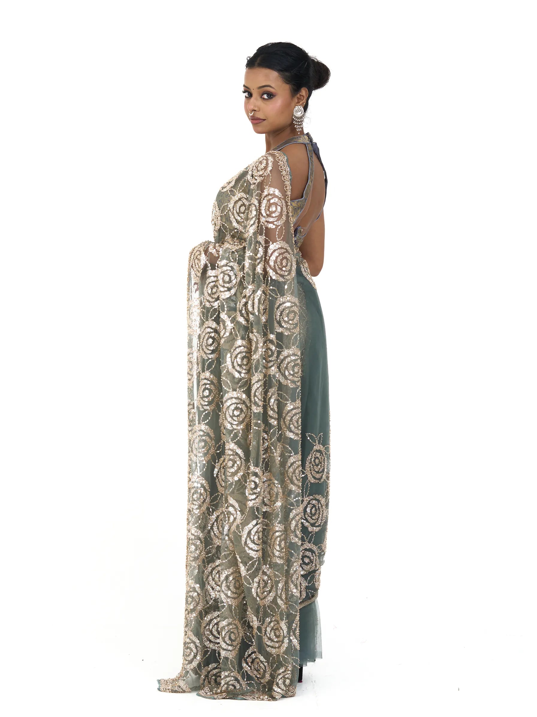 Green Bamboo Net Saree | Rose Gold Sequin Embroidered Floral Saree
