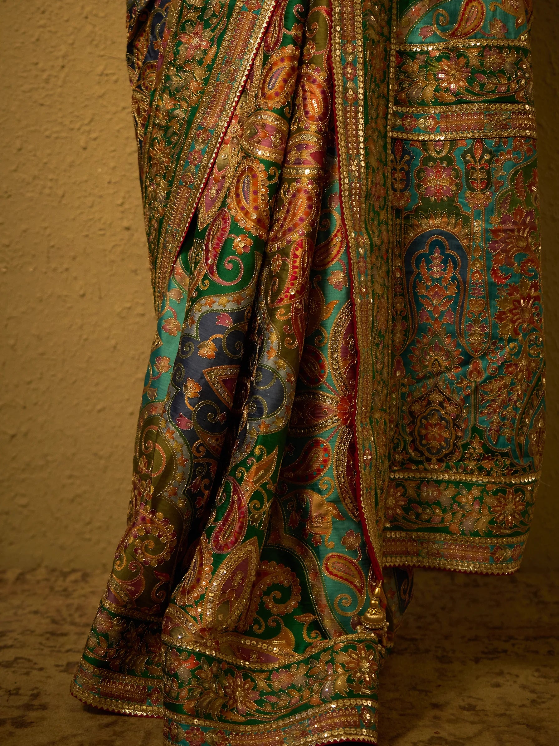 Multicolour Lotus Silk Fusion Saree | Jamawar Pattern | Designer Silk Saree