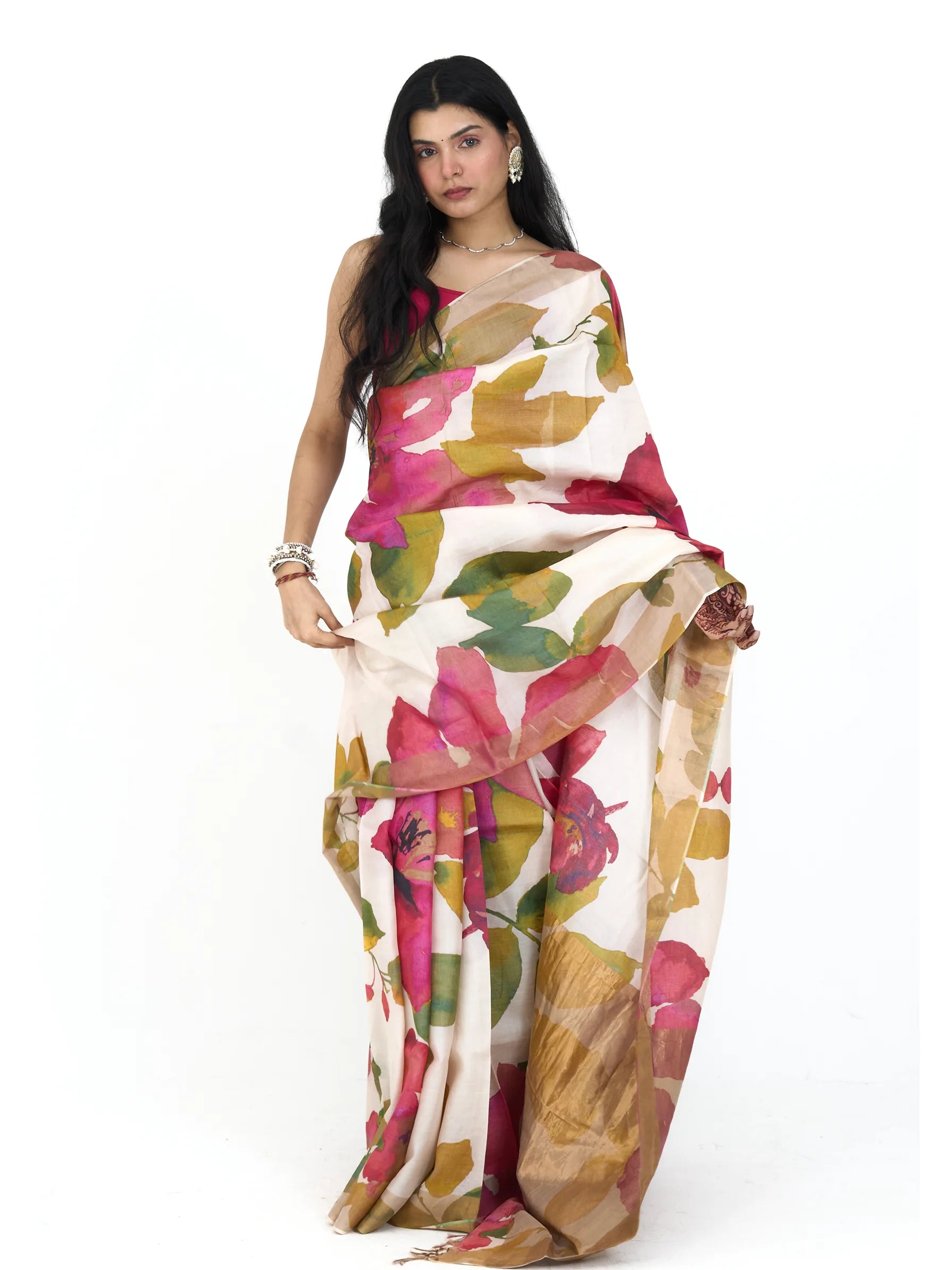 Ivory Tussar Silk Saree | Watercolor Floral Digital Print