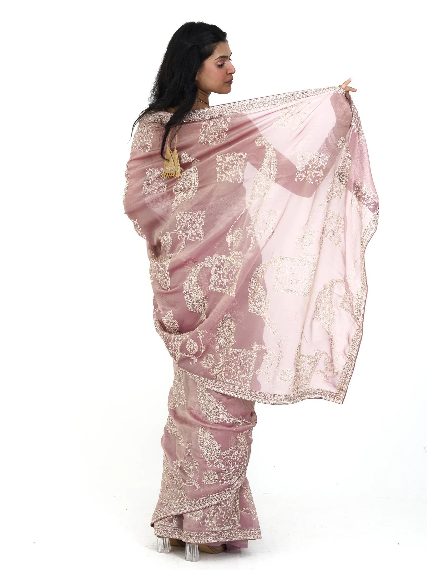 Pink Tissue Silk Saree | Zardozi Embroidered Phulkari Saree
