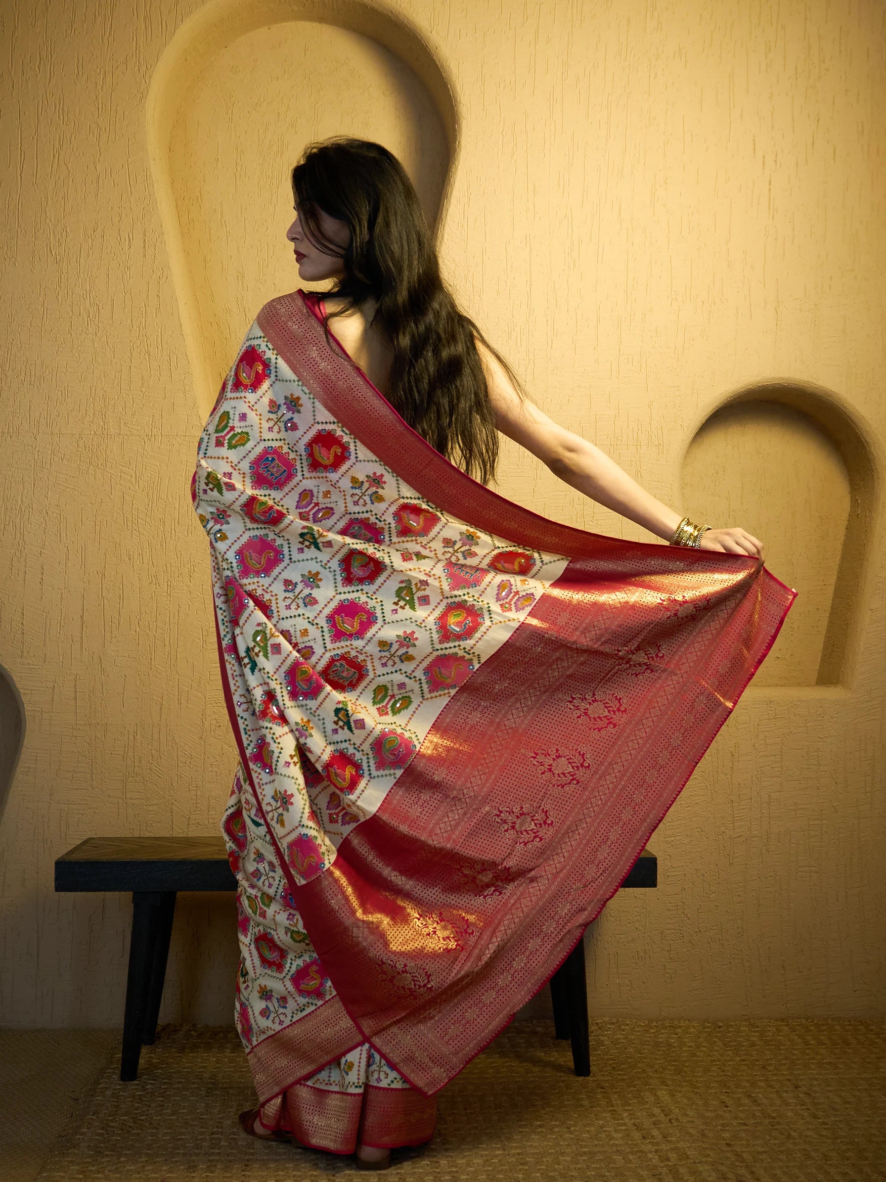 Ivory Muga Silk Patola Saree | Ikat Pattern Saree | Wedding Saree