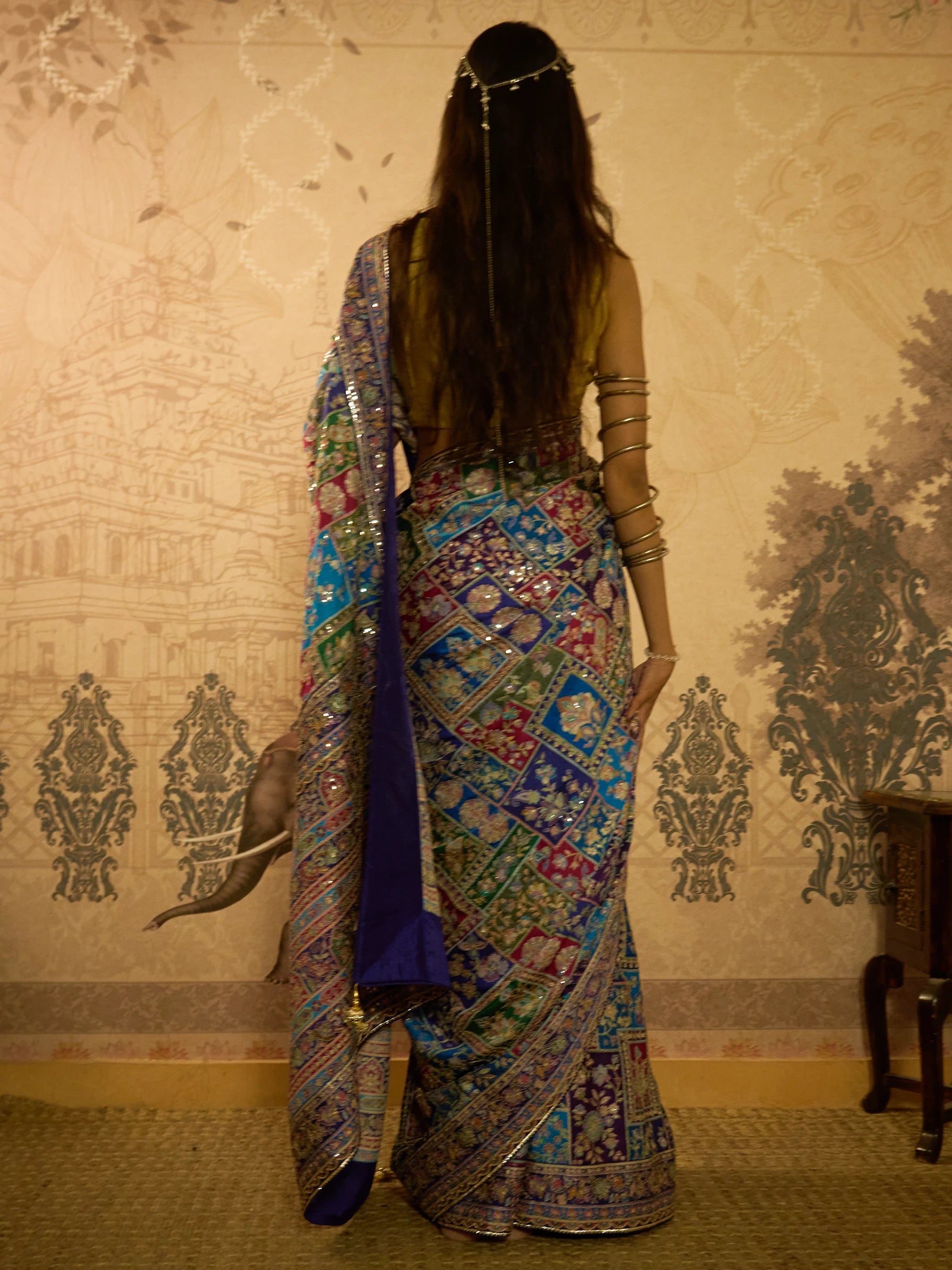 Multicolour Lotus Silk Designer Saree | Jamawar Saree | Handcrafted Indian Bridal Saree
