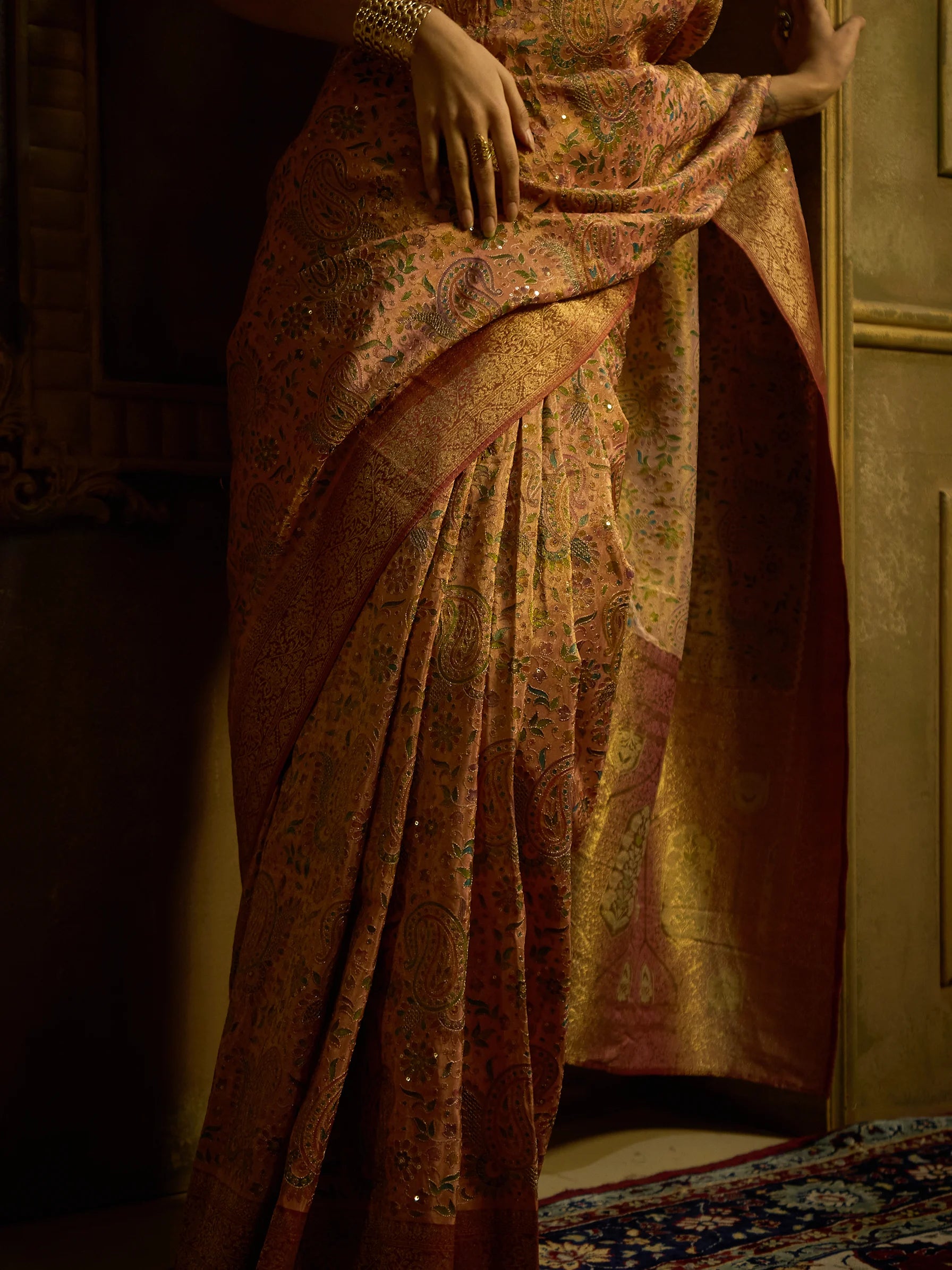 Pink Bamboo Tissue Fusion Saree | Jamawar Print Saree | Handcrafted Indian Bridal Saree
