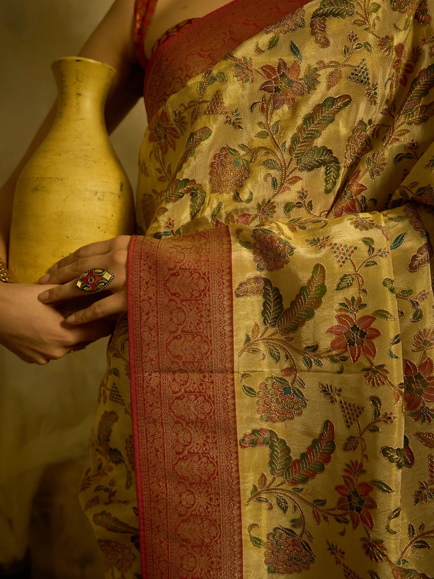 Gold Bamboo Tissue Fusion Saree | Jamawar Print Saree | Handcrafted Indian Bridal Saree