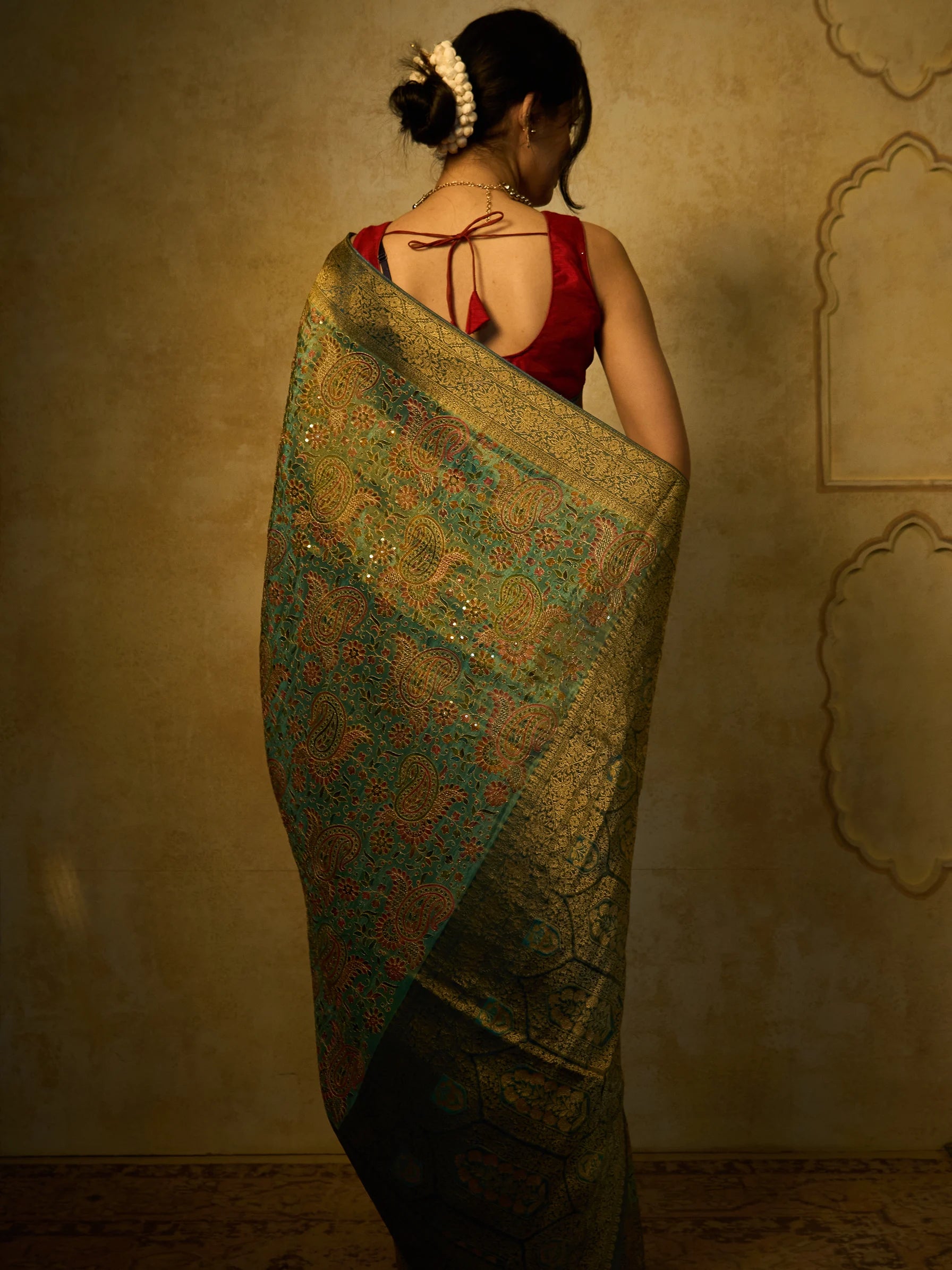 Blue Bamboo Tissue Fusion Saree | Jamawar Print Saree | Handloom Indian Saree