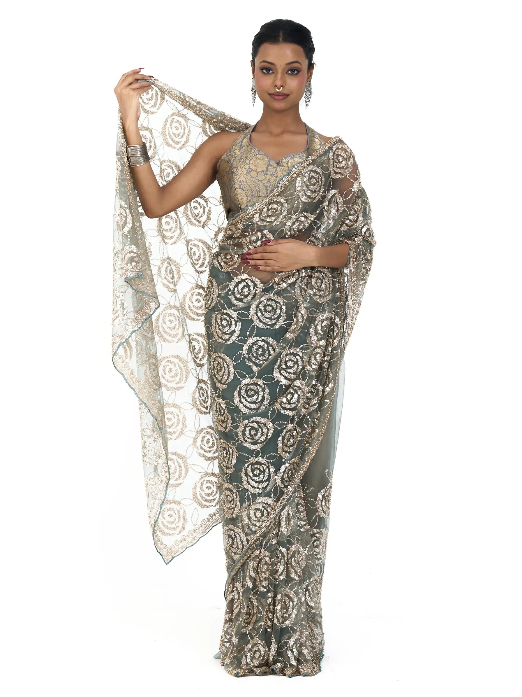 Green Bamboo Net Saree | Rose Gold Sequin Embroidered Floral Saree