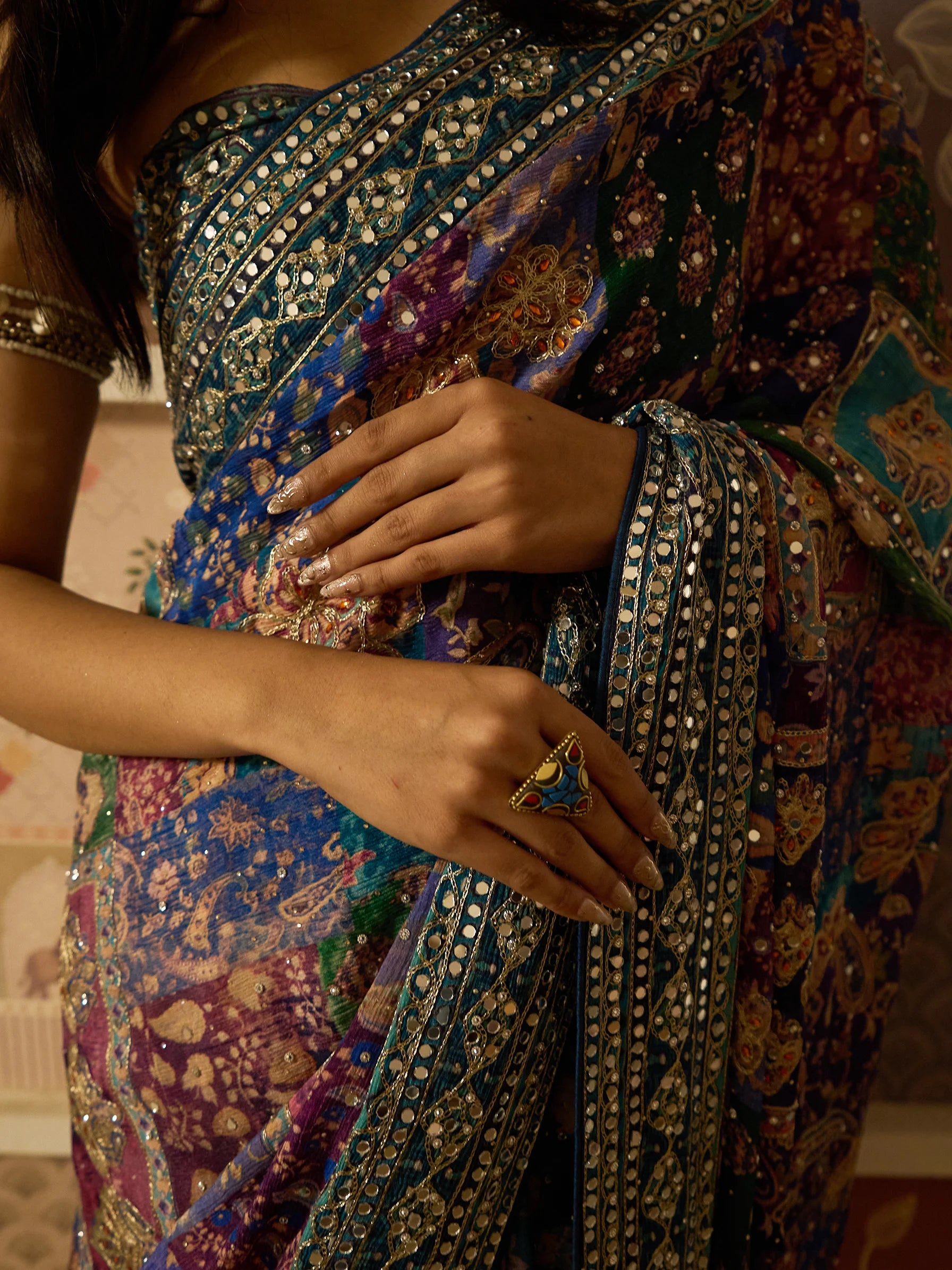 Blue Lotus Crepe Designer Saree | Indian Bridal Saree