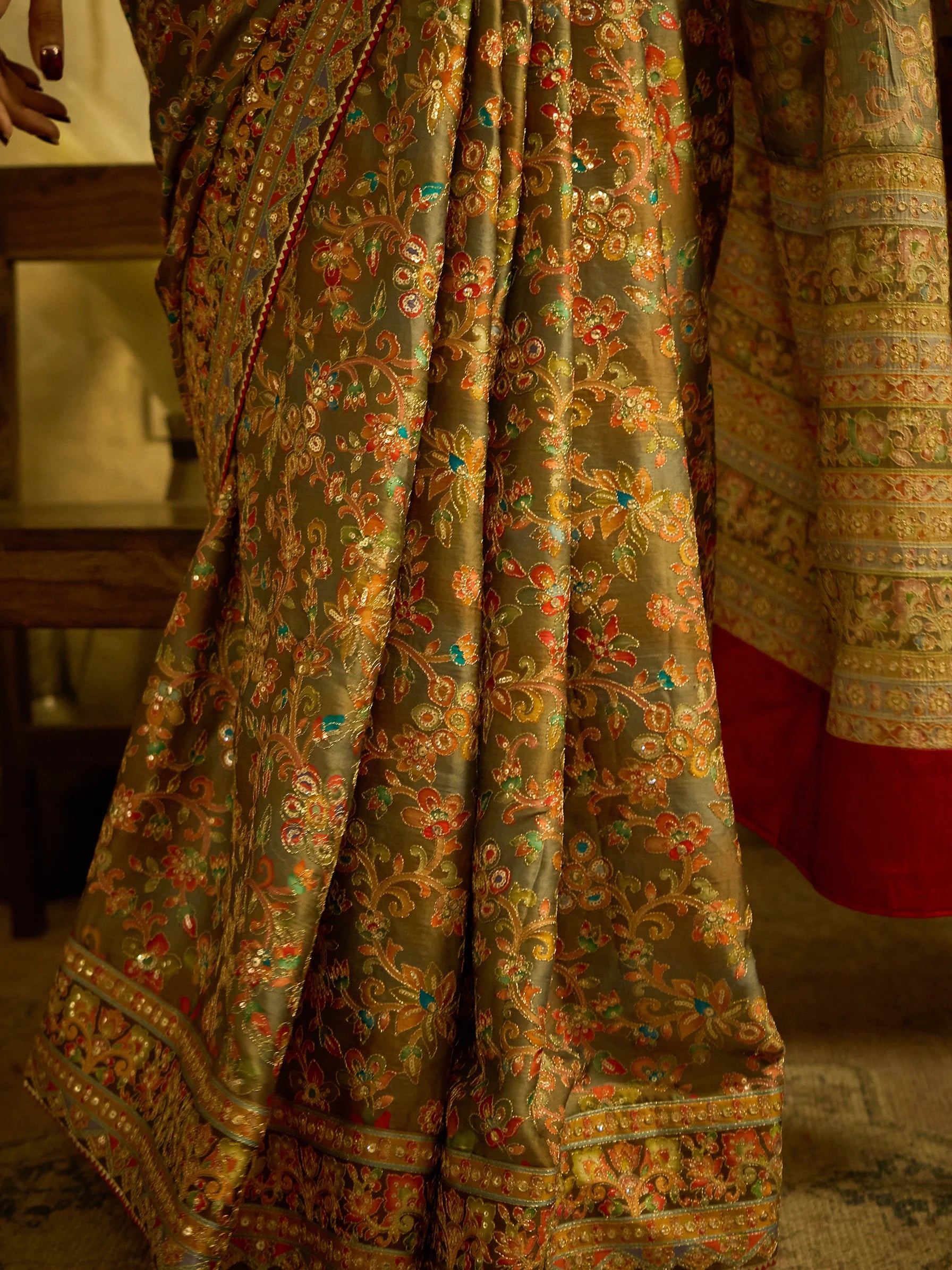 Green Lotus Silk Fusion Saree | Jamawar Print Saree | Designer floral Saree
