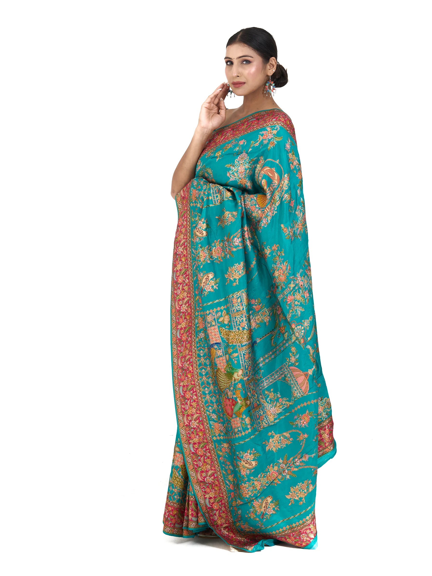 Rajwada Print Pure Eri Vegan Silk Saree | Kalamkari Zardozi Embroidered Blue Saree