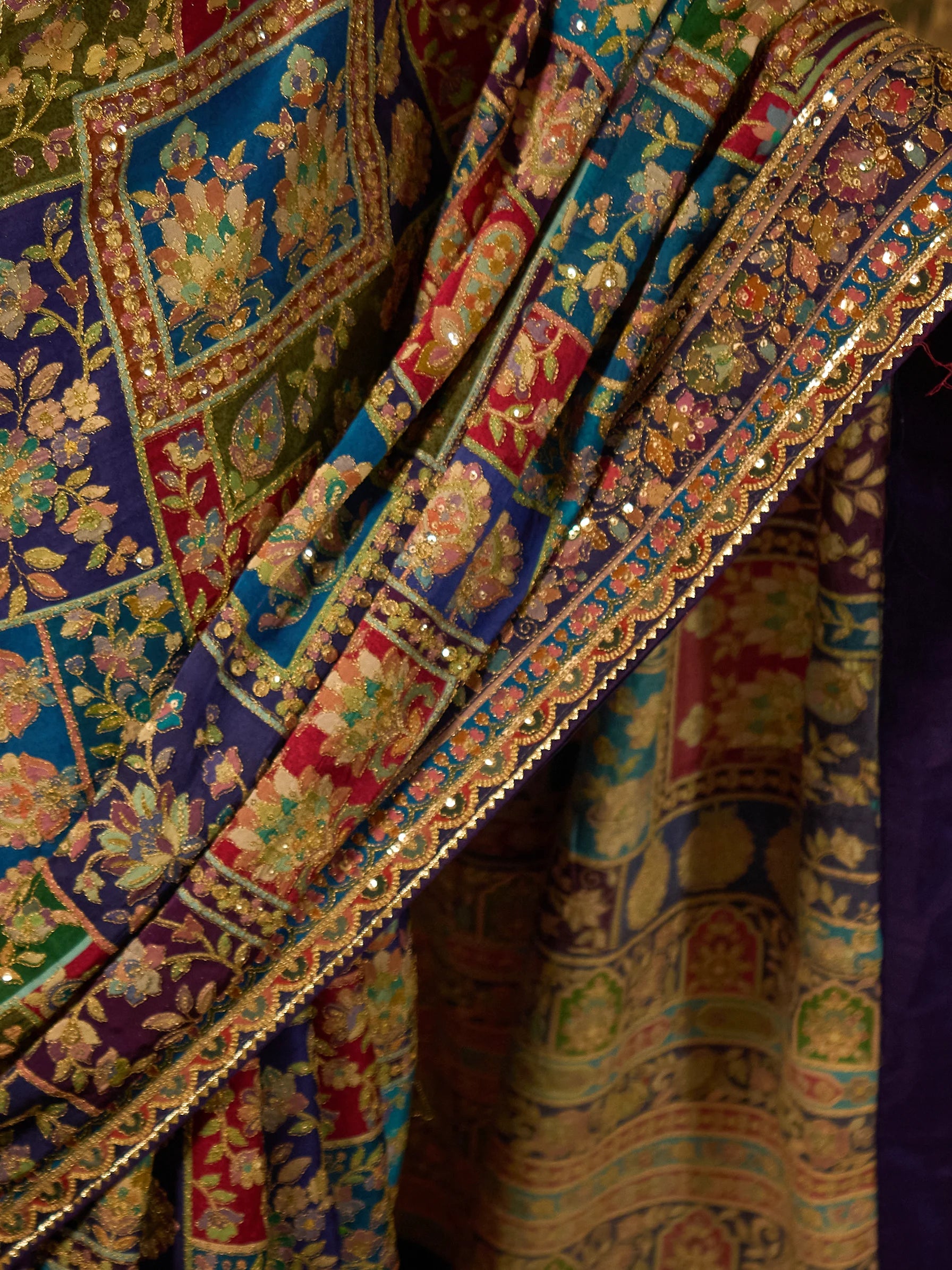 Multicolour Lotus Silk Designer Saree | Jamawar Saree | Handcrafted Indian Bridal Saree