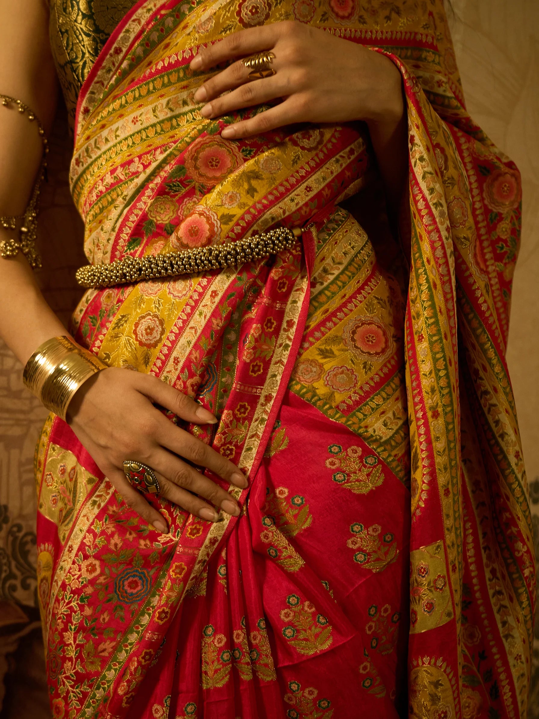 Pink Muga Silk Banarasi Saree | Zardozi Floral Pattern | Indian Wedding Saree