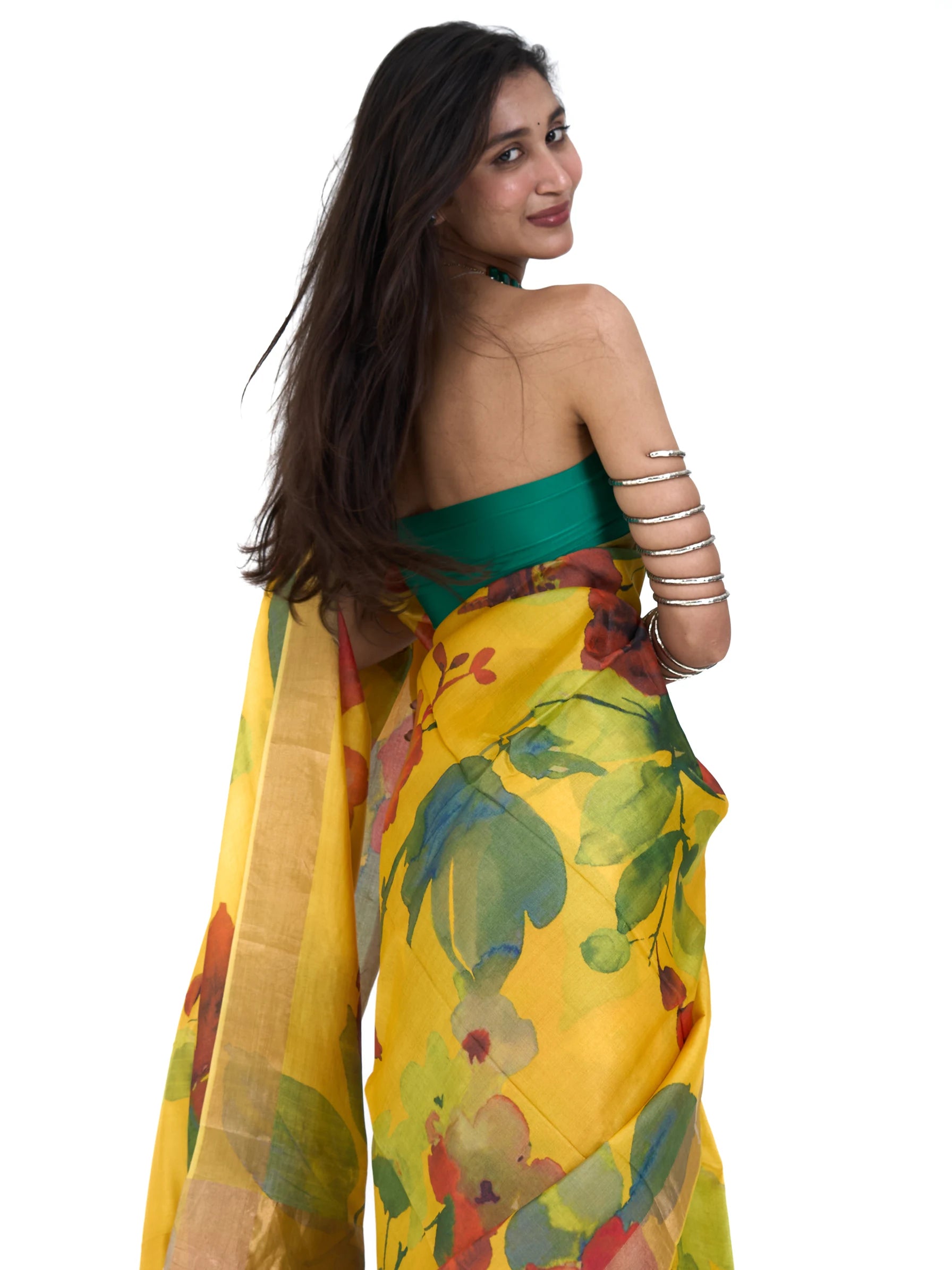 Yellow Tussar Silk Saree | Floral Block Print Phulkari Saree